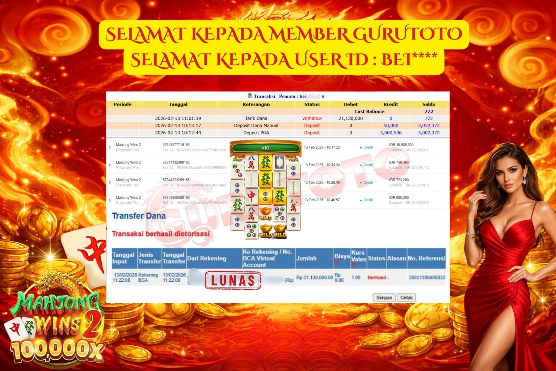 Bukti Kemenangan Rp 21.130.000 MAHJONG WINS 2 di GURUTOTO !