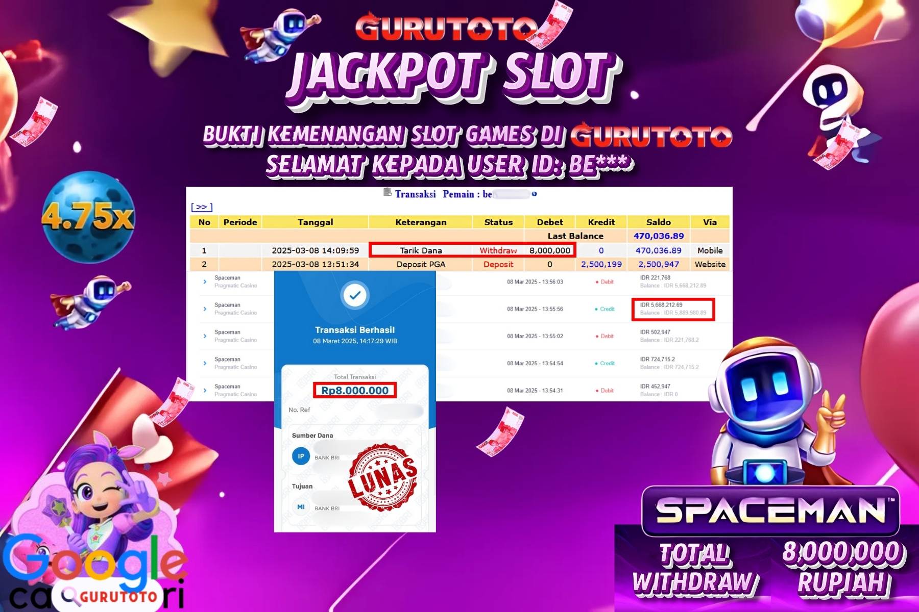 GURUTOTO JACKPOT, SPACEMAN, Sebesar Rp 8.000.000,- LUNAS