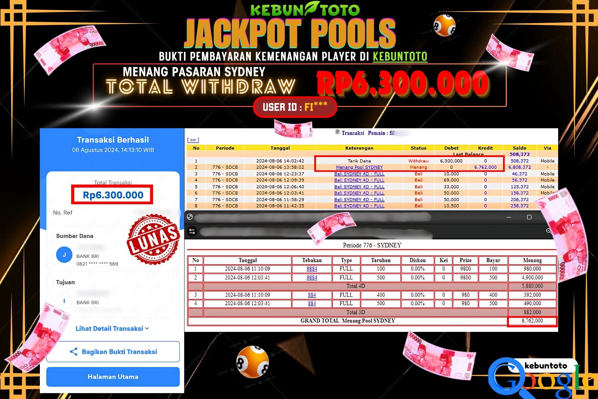 KEBUNTOTO JACKPOT TOGEL PASARAN SYDNEY Rp.6.300.000,- LUNAS