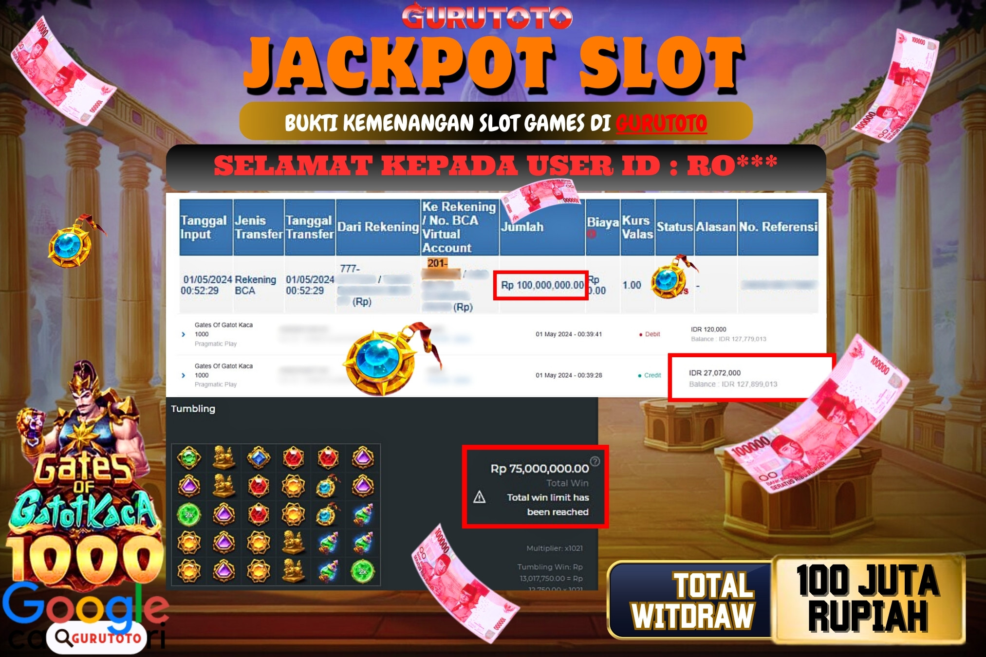 Jackpot Slot GATES OF GATOTKACA 1000 di Gurutoto sebesar Rp.100.000.000 dibayar lunas.