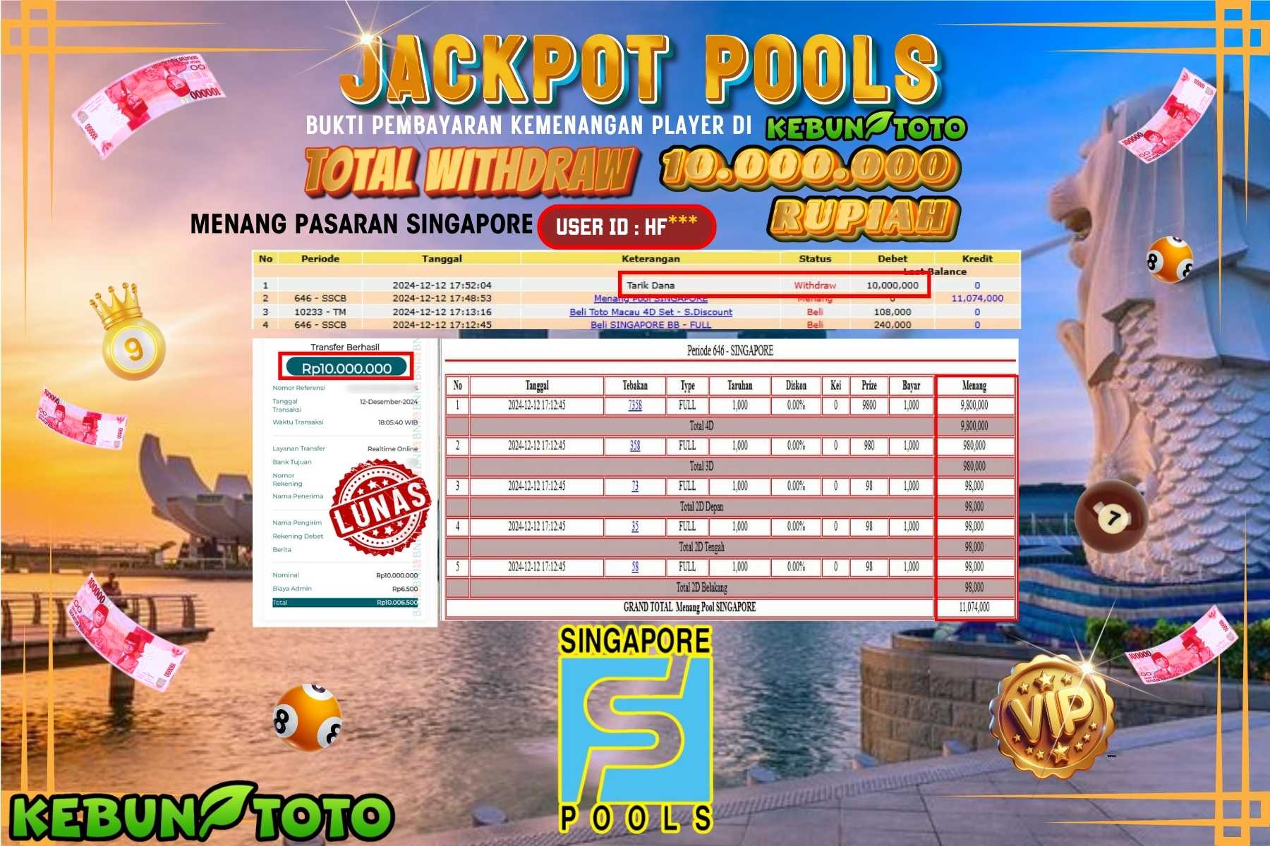 KEBUNTOTO TOTO SINGAPORE POOLS , Sebesar Rp.10.000.000,- LUNAS