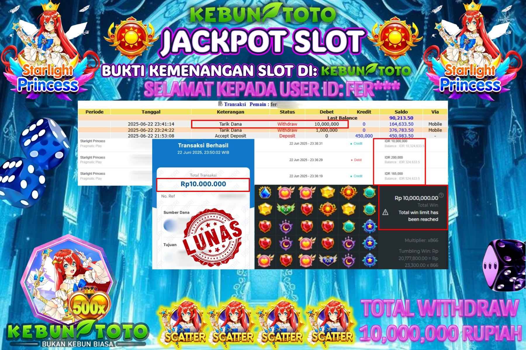 Bukti Kemenangan Rp 10.000.000 SLOT STARLIGHT PRINCESS di KEBUNTOTO!