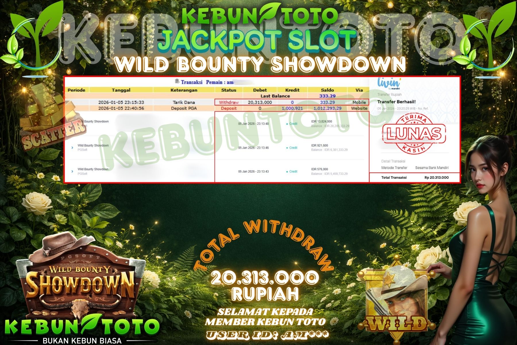 Bukti Kemenangan Rp 20.313.000 SLOT WILD BOUNTY SHOWDOWN di KEBUNTOTO!