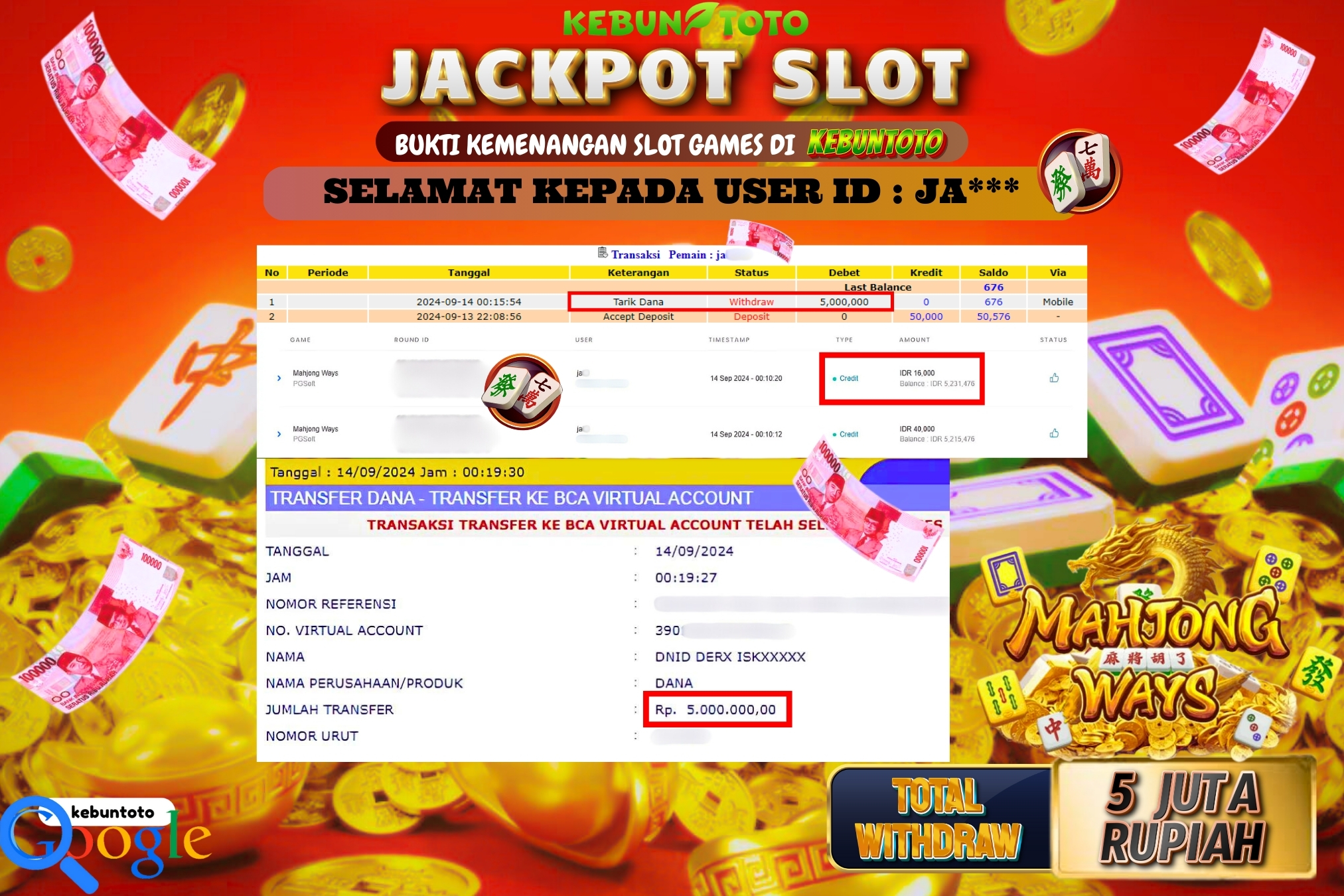 KEBUNTOTO JACKPOT SLOT MAHJONG WAYS Rp.5.000.000,- LUNAS