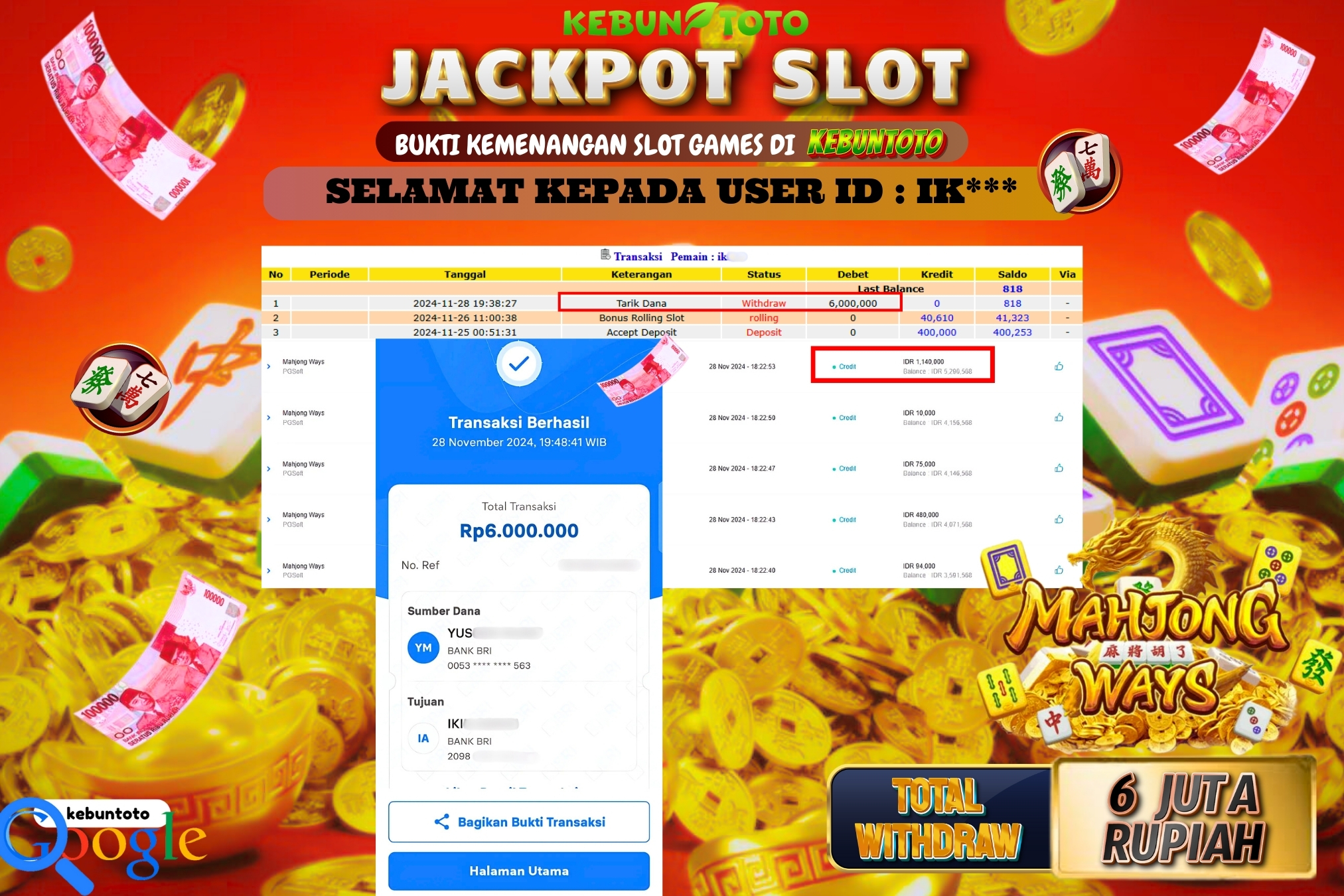KEBUNTOTO JACKPOT SLOT MAHJONG WAYS Rp.6.000.000,- LUNAS