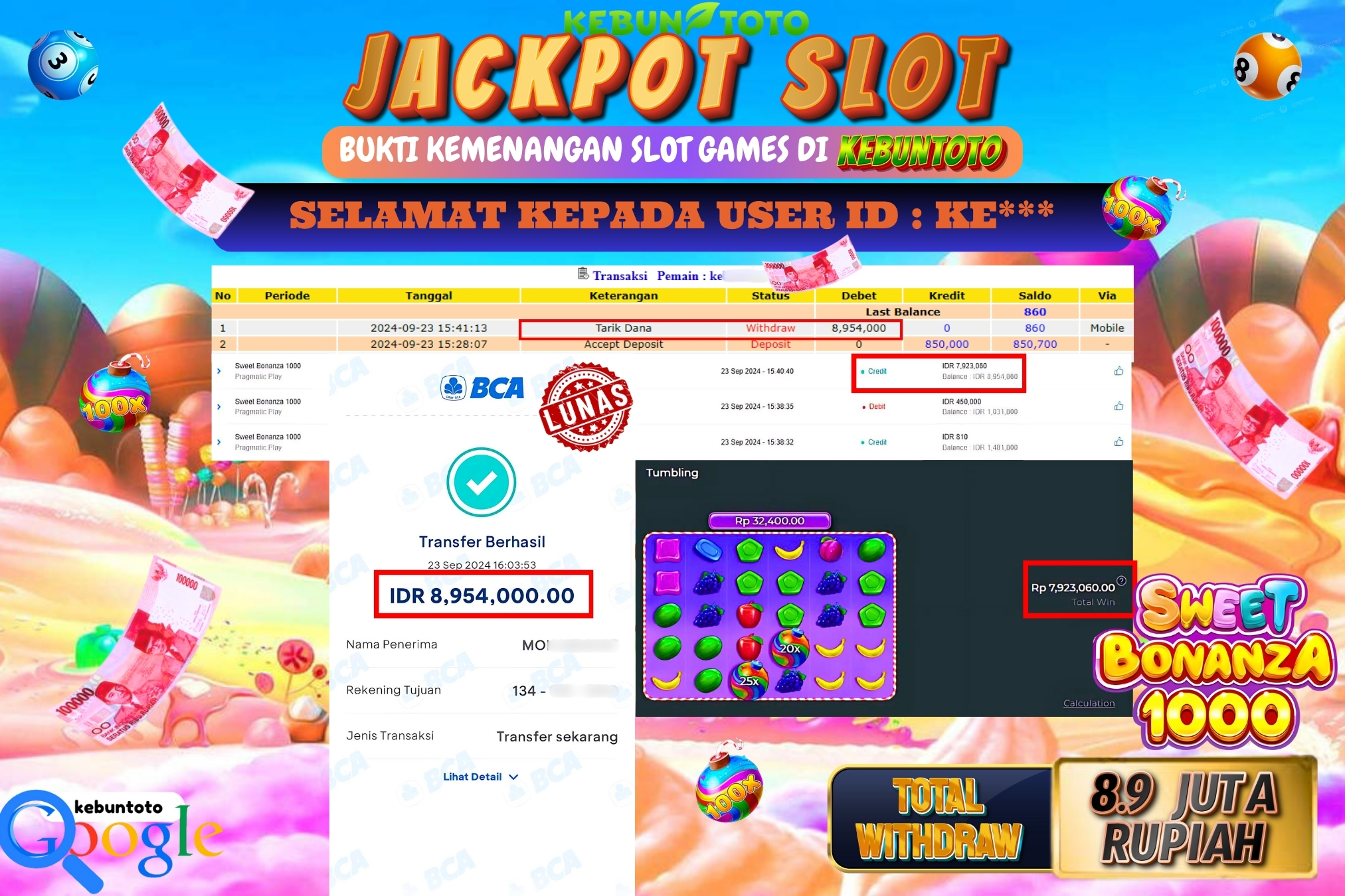 KEBUNTOTO JACKPOT SLOT SWEET BONANZA 1000 Rp.8.954.000,- LUNAS