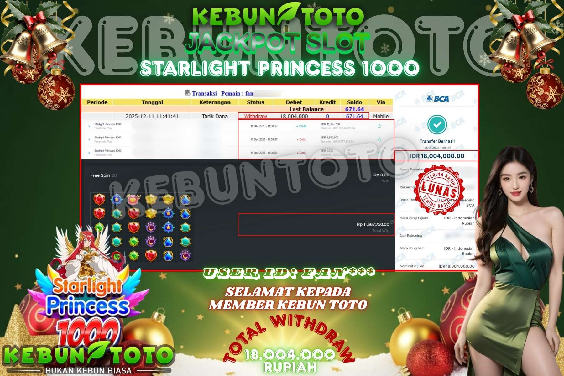 Bukti Kemenangan Rp 18.004.000 SLOT STARLIGHT PRINCESS 1000 di KEBUNTOTO!