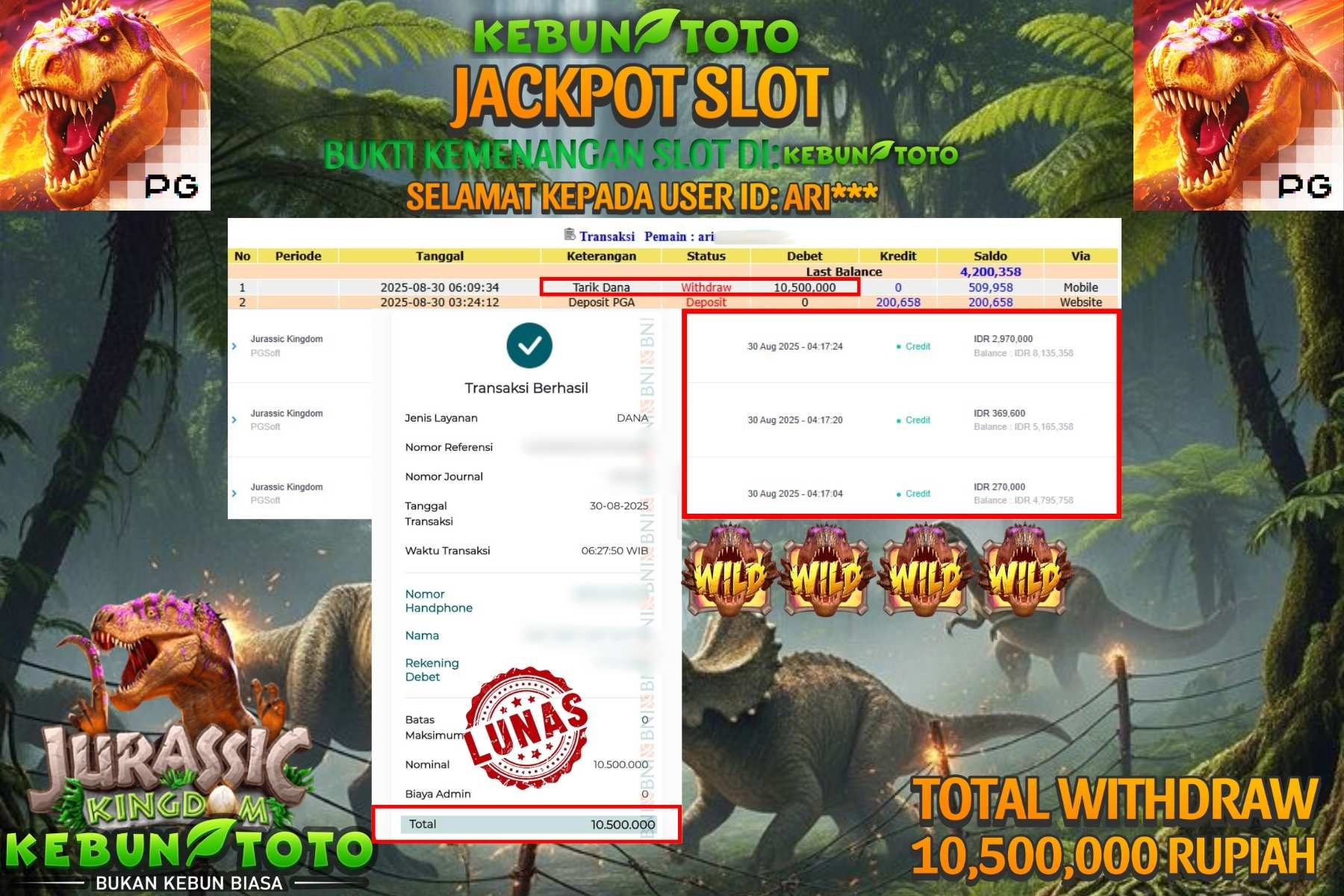 Bukti Kemenangan Rp 10.500.000 SLOT JURASSIC KINDOM di KEBUNTOTO!