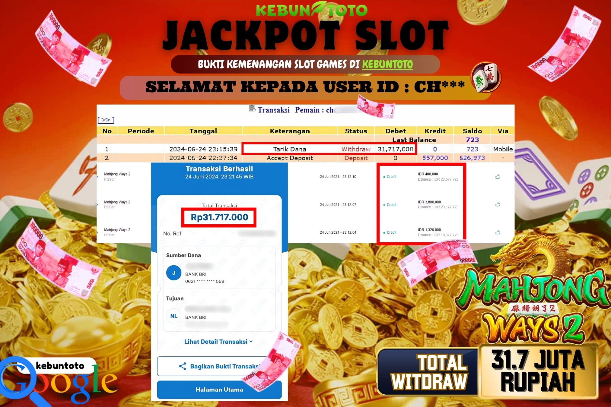 KEBUNTOTO JACKPOT SLOT MAHJONG WAYS 2 Rp.31.717.000,- LUNAS
