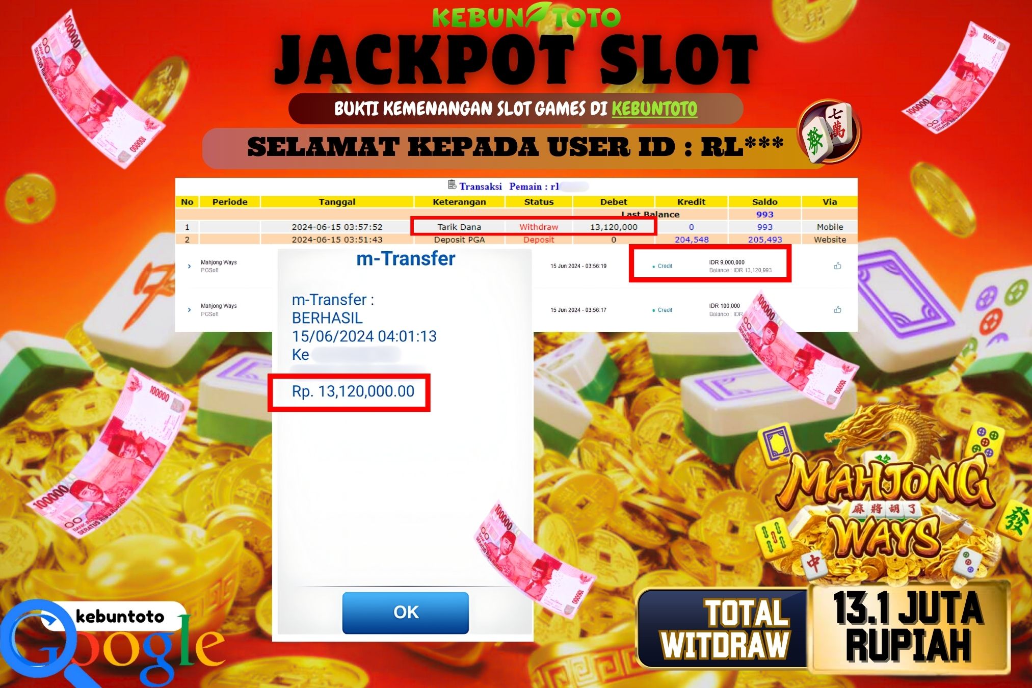 KEBUNTOTO JACKPOT SLOT MAHJONG WAYS Rp.13.120.000,- LUNAS