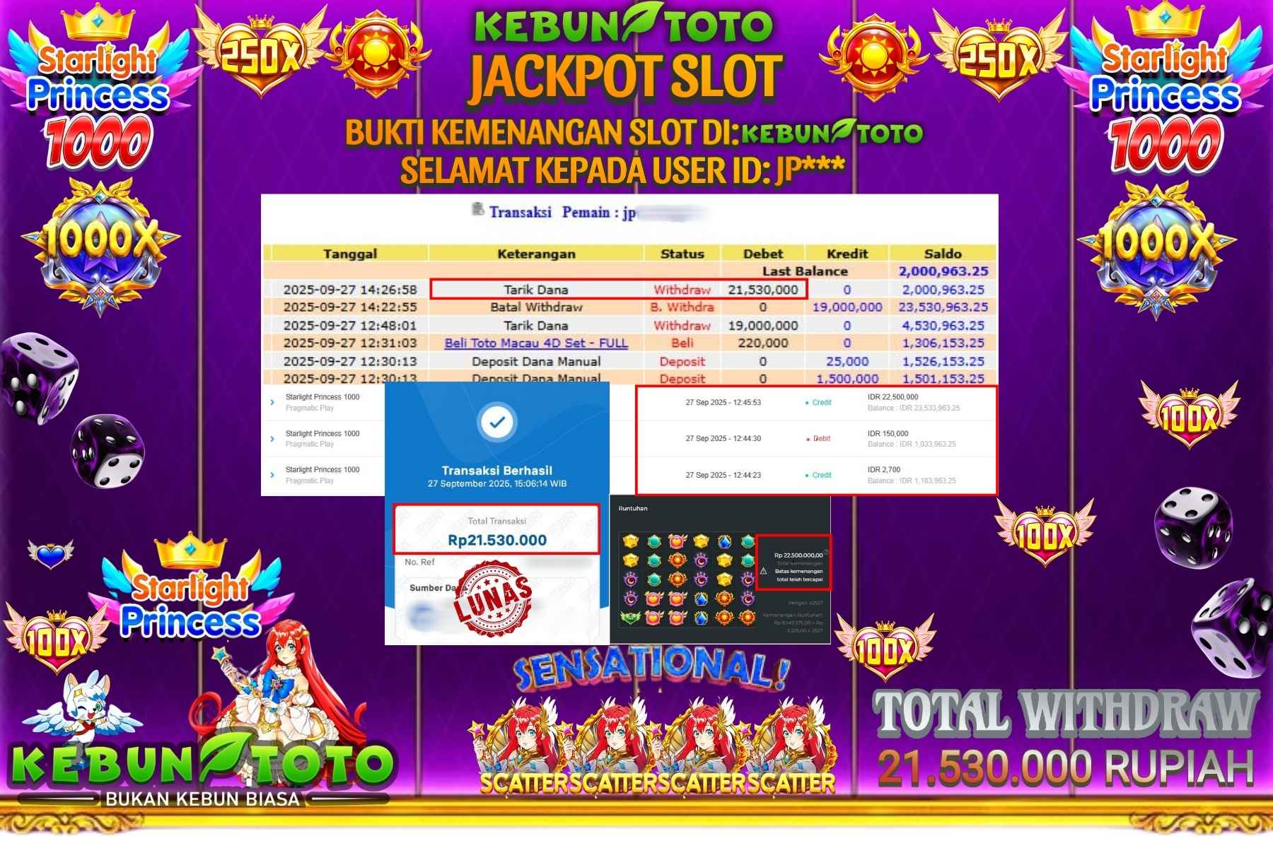 Bukti Kemenangan Rp 21.530.000 SLOT STARLIGHT PRINCESS 1000 di KEBUNTOTO!