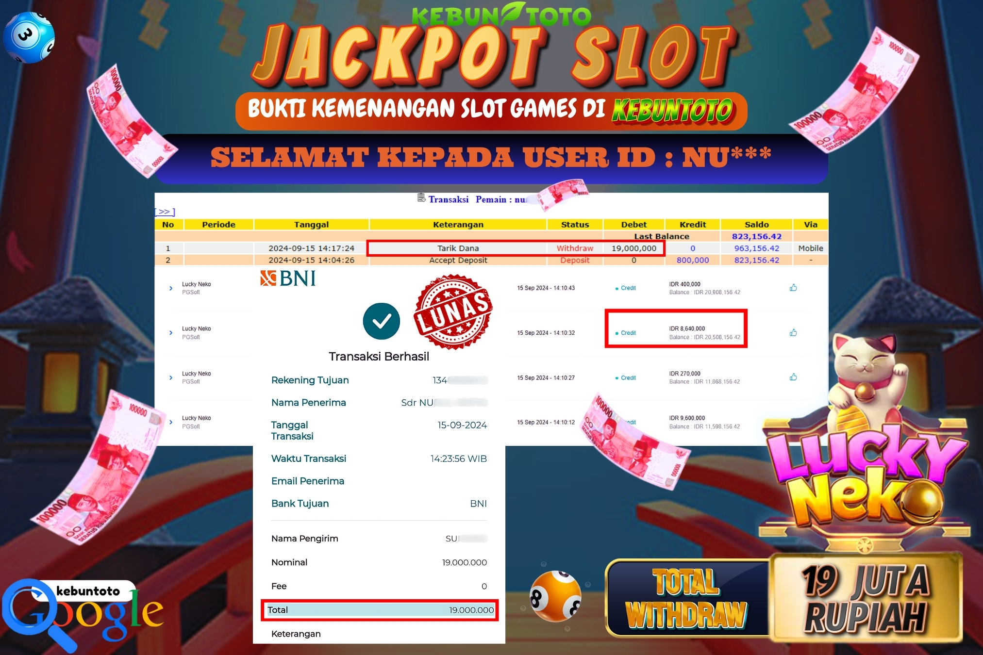 KEBUNTOTO JACKPOT SLOT LUCKY NEKO Rp.19.000.000,- LUNAS