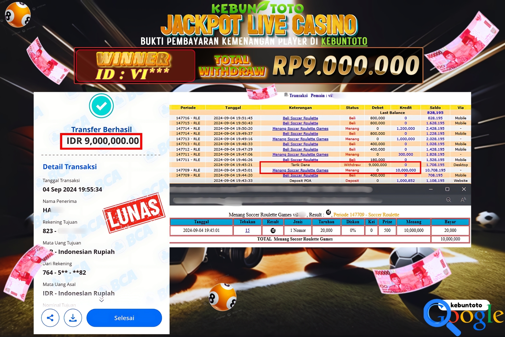 KEBUNTOTO JACKPOT LIVE CASINO SOCCER ROULETTE Rp.9.000.000,- LUNAS