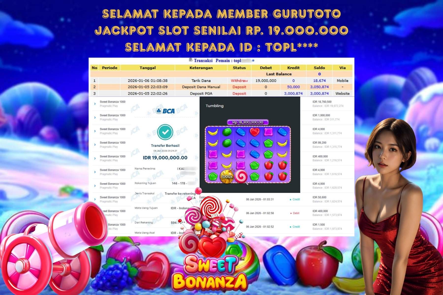 Bukti Kemenangan Rp 19.000.000 SWEET BONANZA 1000 di GURUTOTO!