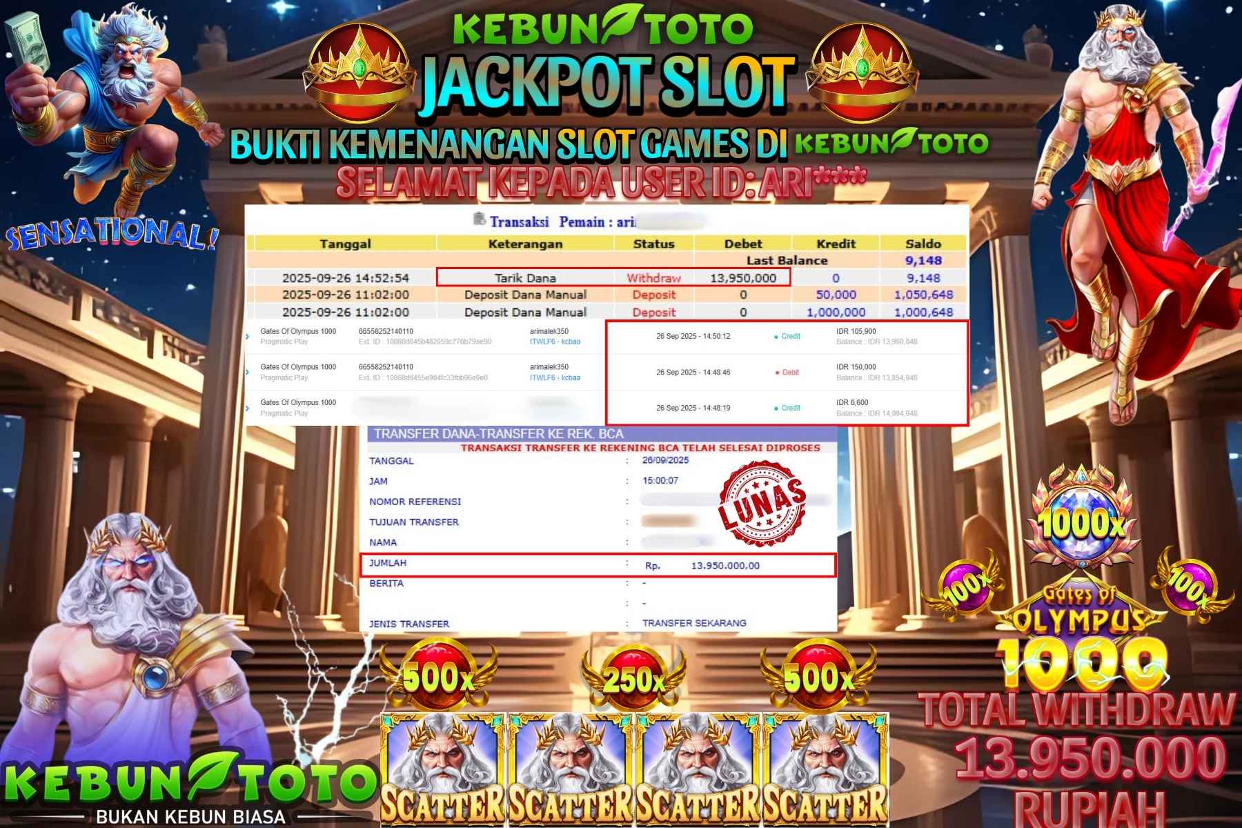 Bukti Kemenangan Rp 13.950.000 SLOT GATES OF OLYMPUS 1000 di KEBUNTOTO!