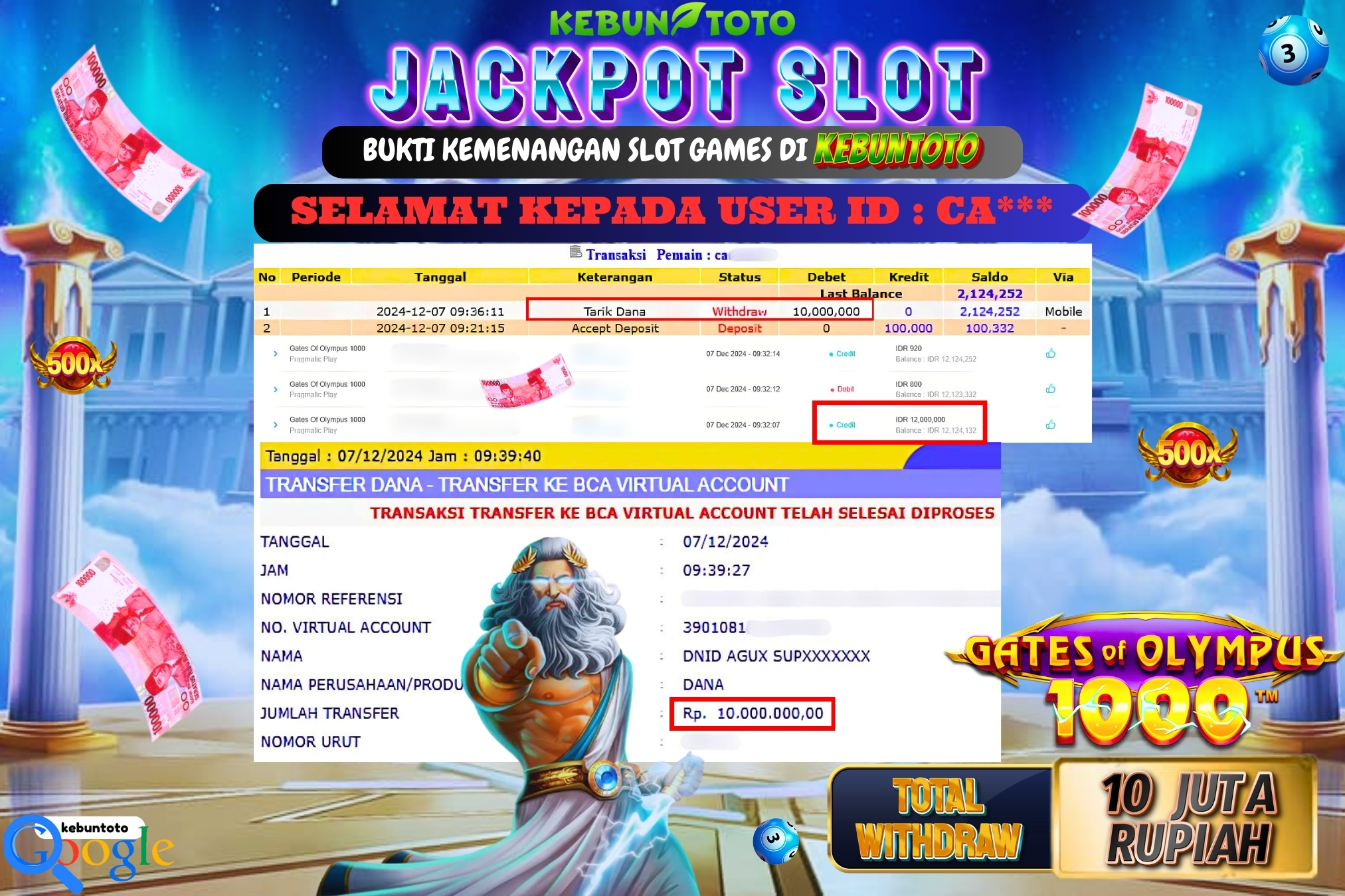 KEBUNTOTO JACKPOT SLOT GATES OF OLYMPUS 1000 Rp.10.000.000,- LUNAS