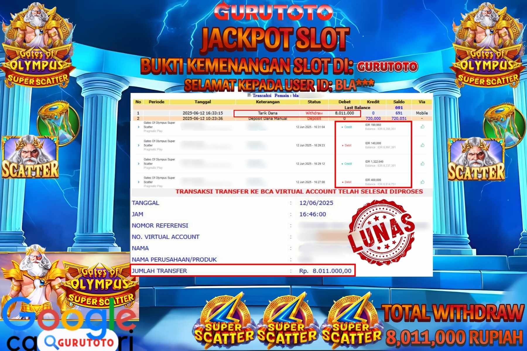 GURUTOTO JACKPOT, SLOT GATES OF OLYMPUS SUPER SCATTER, Sebesar Rp 8.011.000,- LUNAS