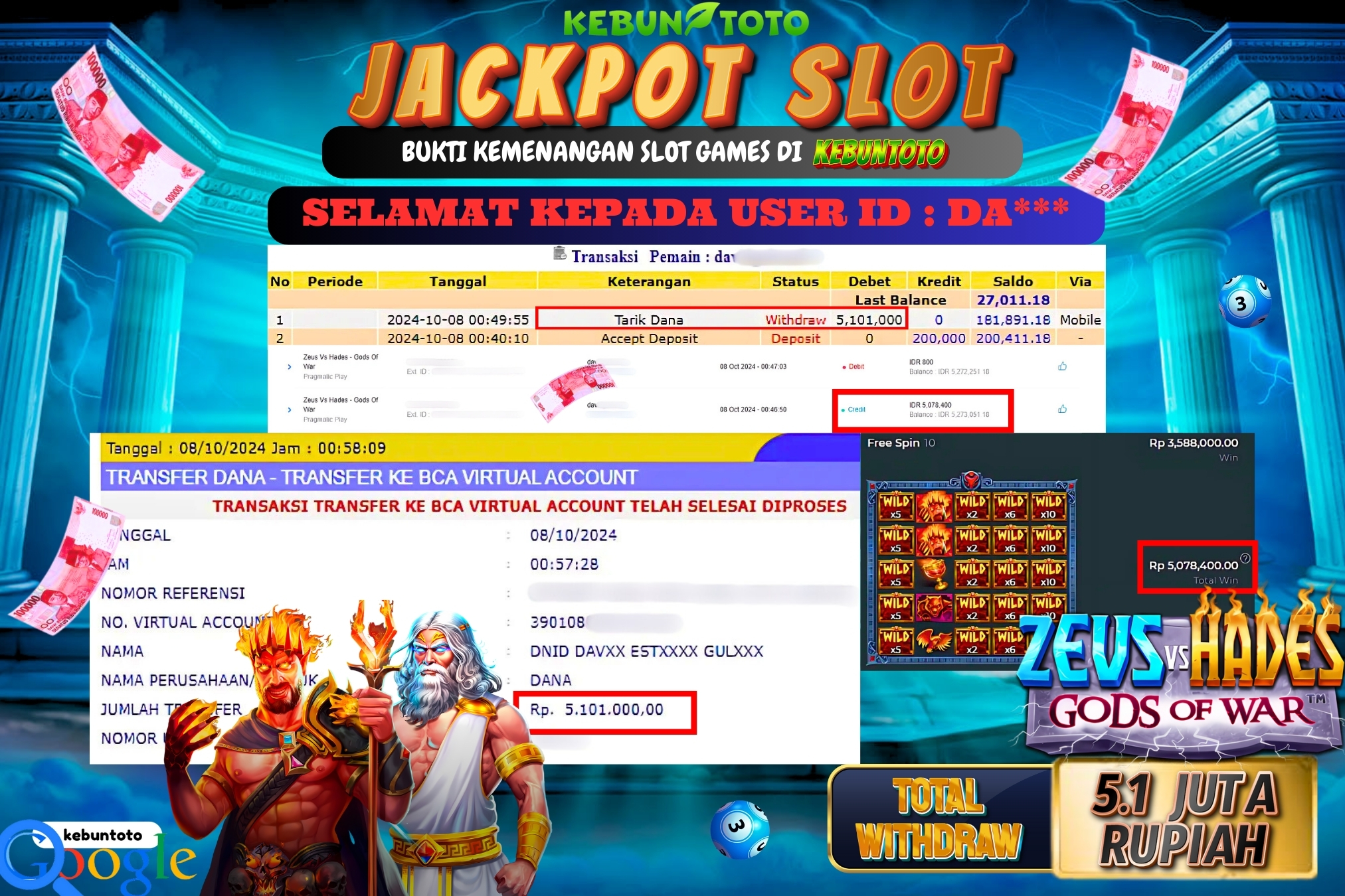 KEBUNTOTO JACKPOT SLOT ZEUS VS HADES GODS OF WAR Rp.5.101.000,- LUNAS