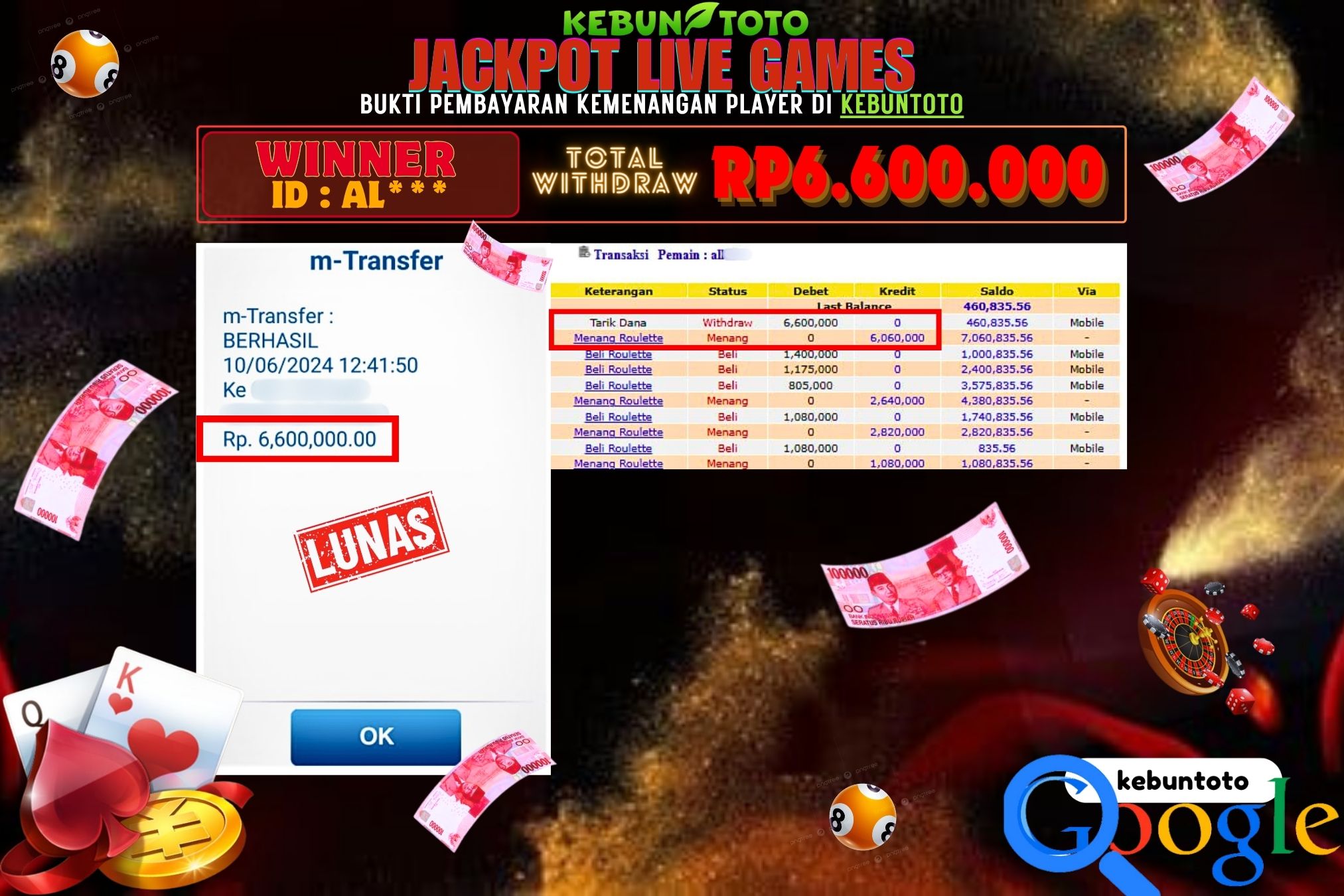 KEBUNTOTO JACKPOT LIVES GAMES ROULETTE Rp.6.600.000,- LUNAS