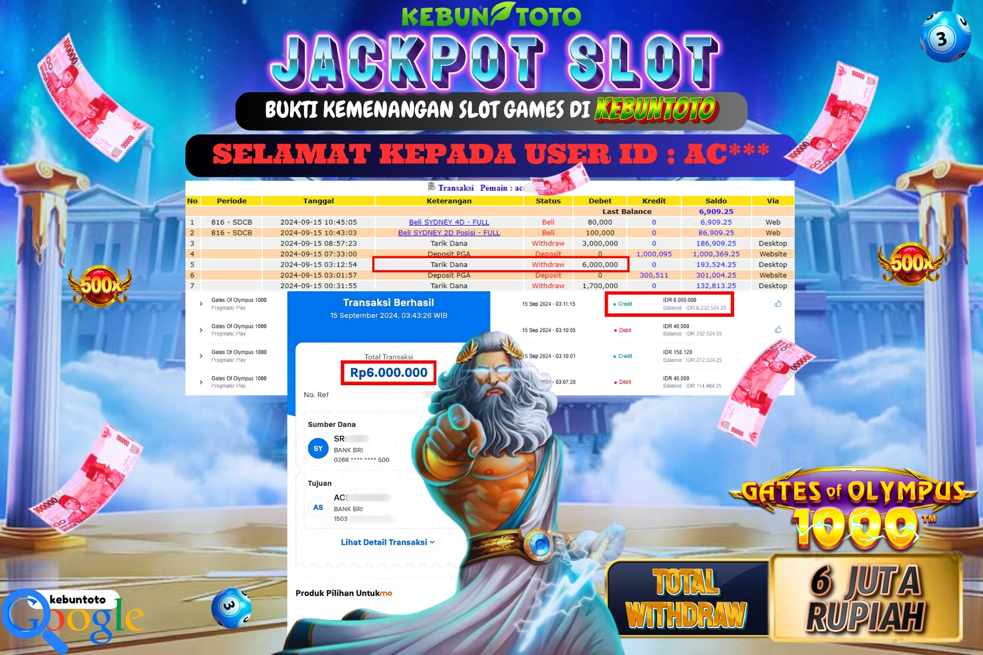 KEBUNTOTO JACKPOT SLOT GATES OF OLYMPUS 1000 Rp.6.000.000,- LUNAS