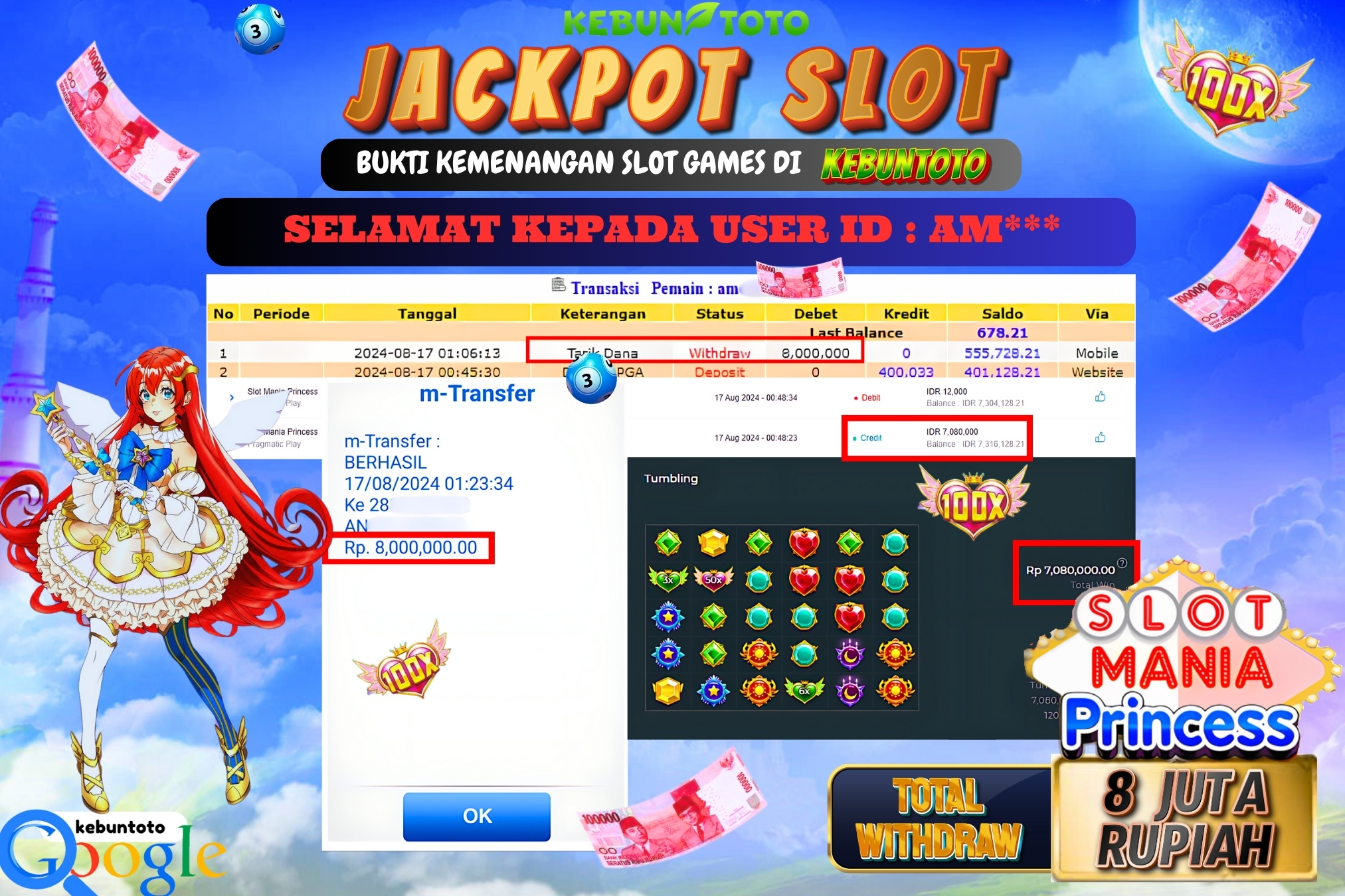 KEBUNTOTO JACKPOT SLOT SLOT MANIA PRINCESS Rp.8.000.000,- LUNAS