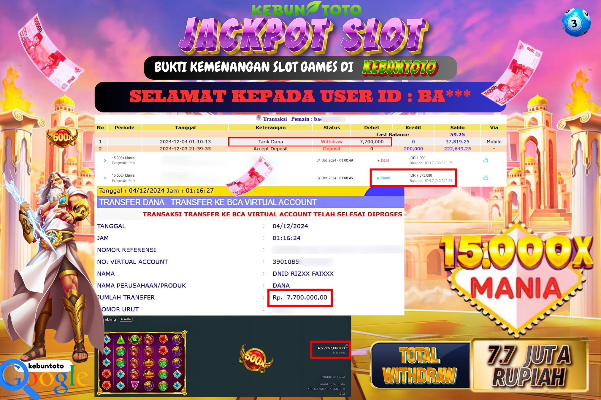 KEBUNTOTO JACKPOT SLOT 15.000X MANIA Rp.7.700.000,- LUNAS