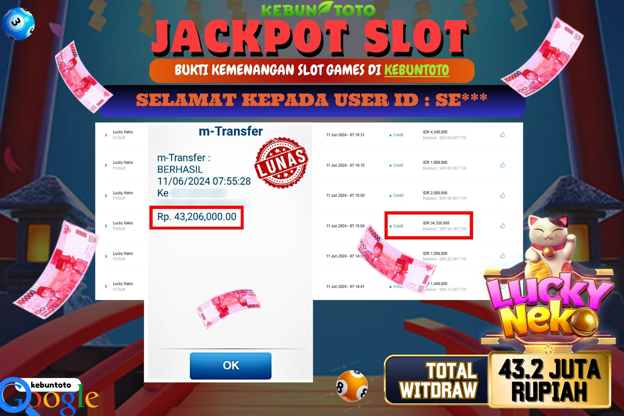 KEBUNTOTO JACKPOT SLOT LUCKY NEKO Rp.43.206.000,- LUNAS