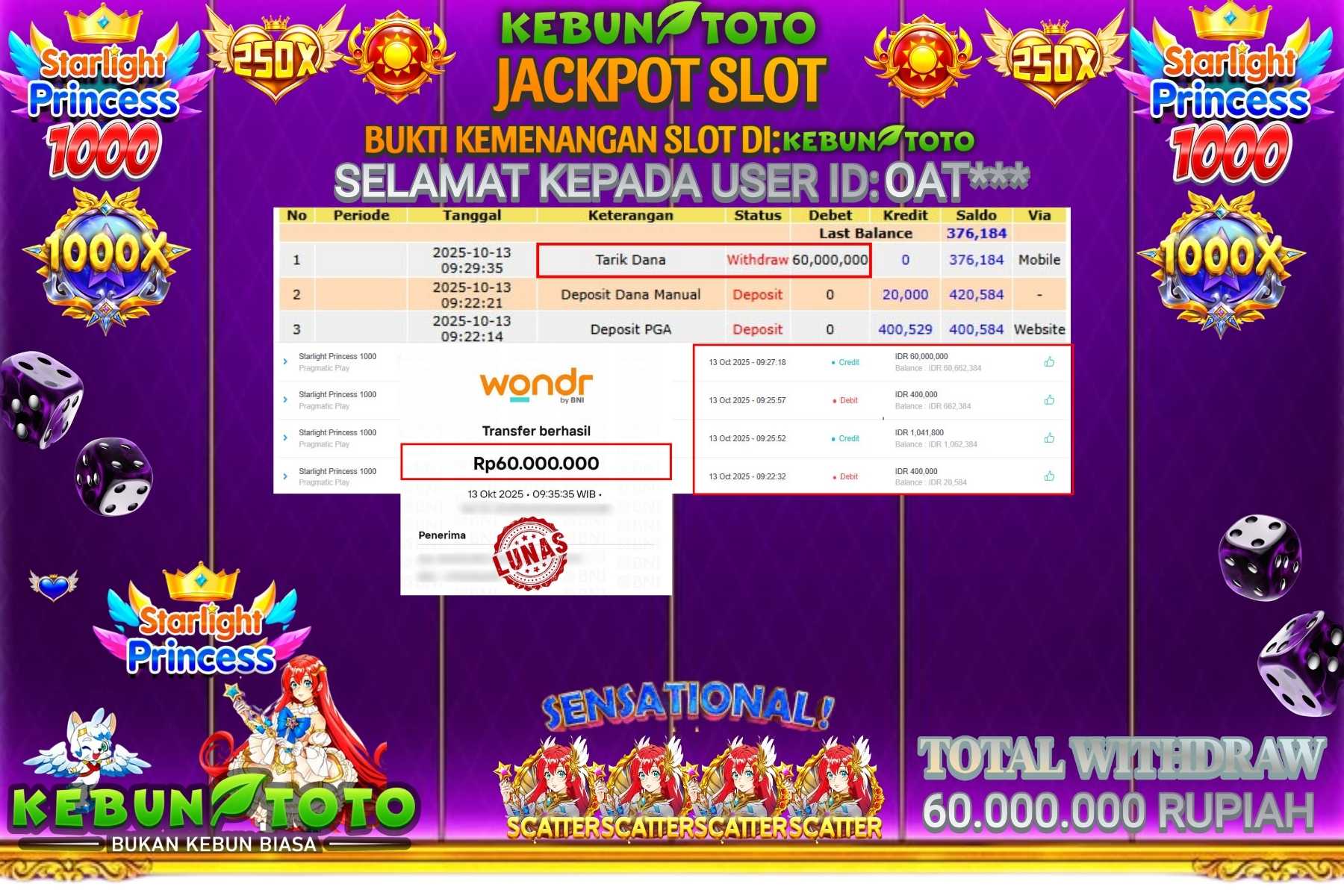 Bukti Kemenangan Rp 60.000.000 SLOT STARLIGHT PRINCESS 1000 di KEBUNTOTO!