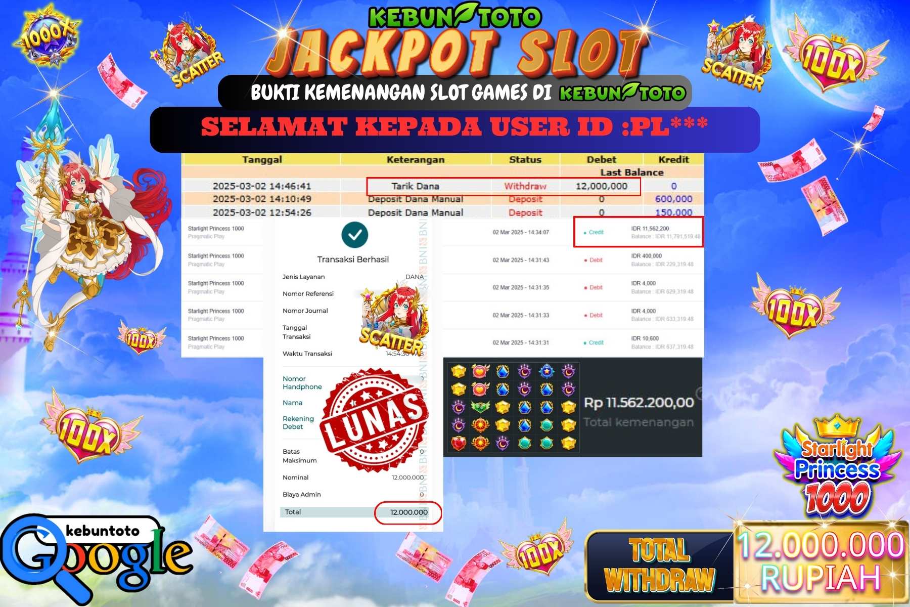 KEBUNTOTO JACKPOT, SLOT STARLIGHT PRINCESS 1000 Sebesar Rp 12.000.000,- LUNAS