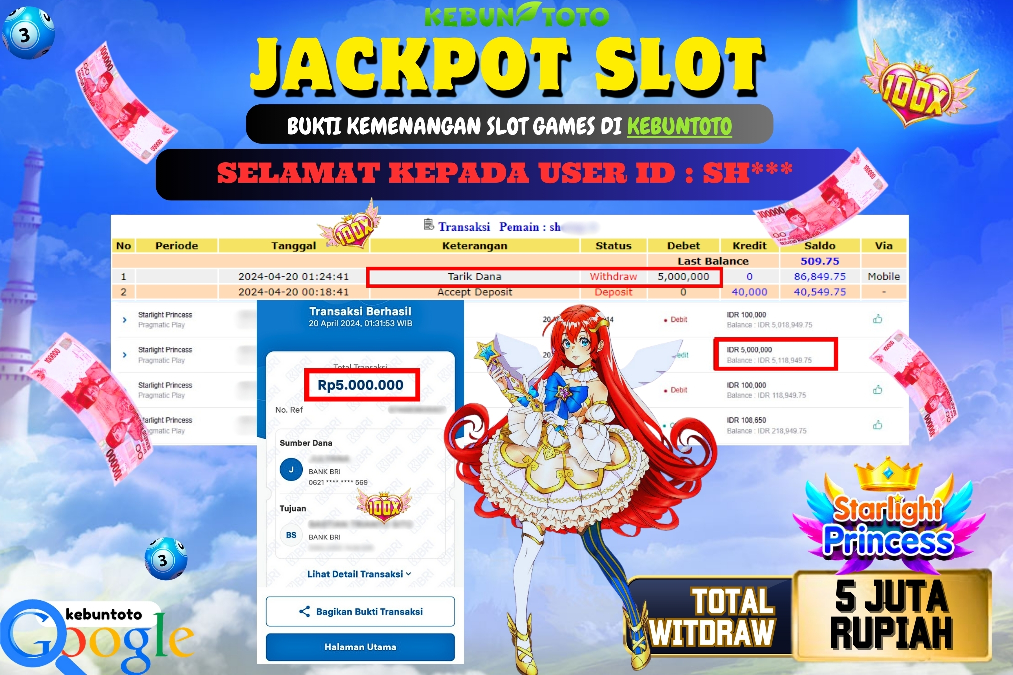 KEBUNTOTO JACKPOT SLOT STARLIGHT PRINCESS Rp.5.000.000,- LUNAS