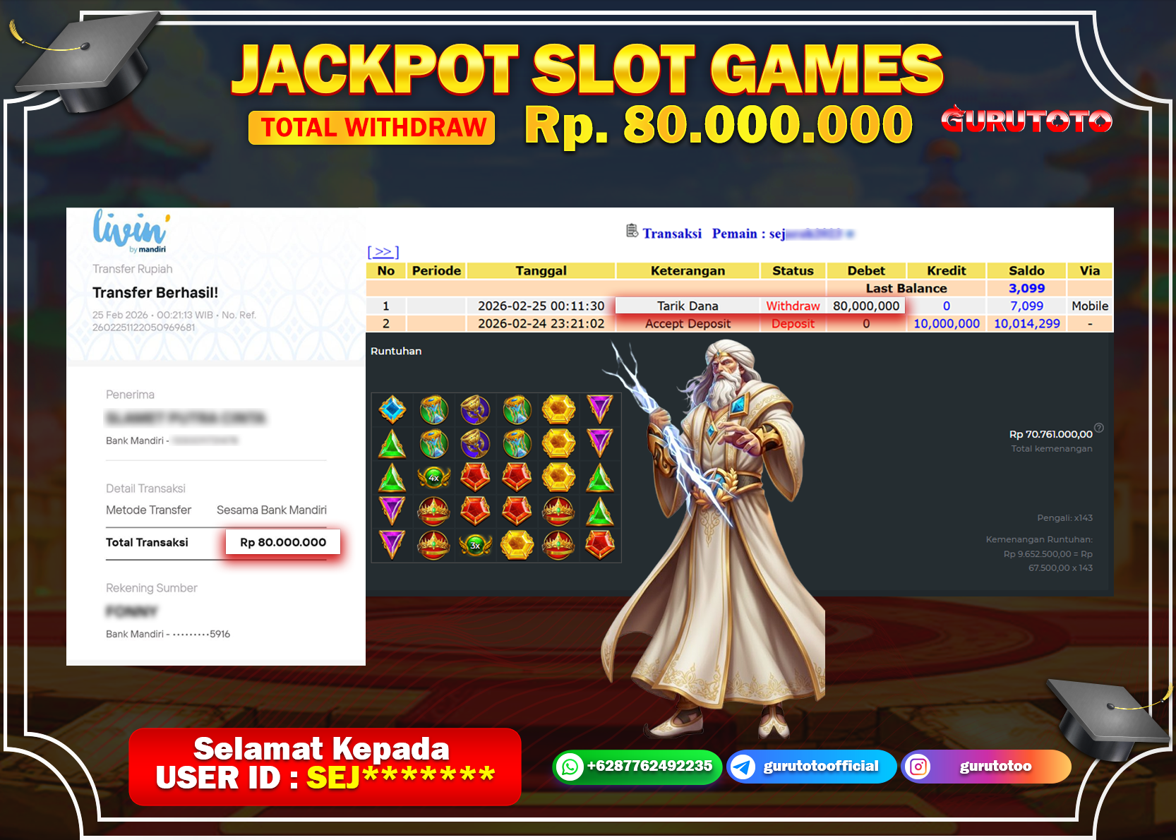 Bukti Kemenangan Rp 80.000.000 GATES OF OLYMPUS di GURUTOTO !