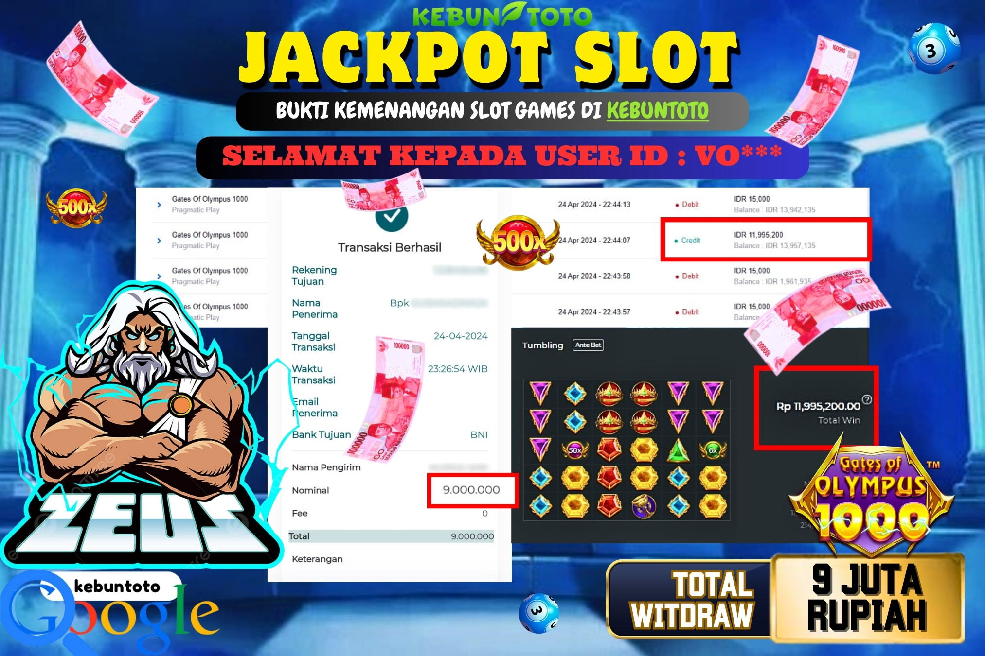 KEBUNTOTO JACKPOT SLOT GATES OF OLYMPUS 1000 Rp.9.000.000,- LUNAS