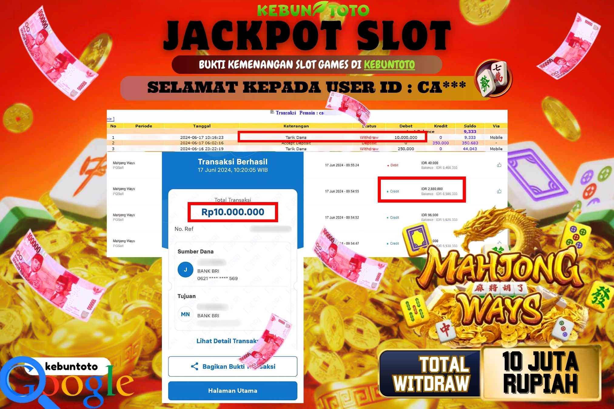 KEBUNTOTO JACKPOT SLOT MAHJONG WAYS Rp.10.000.000,- LUNAS