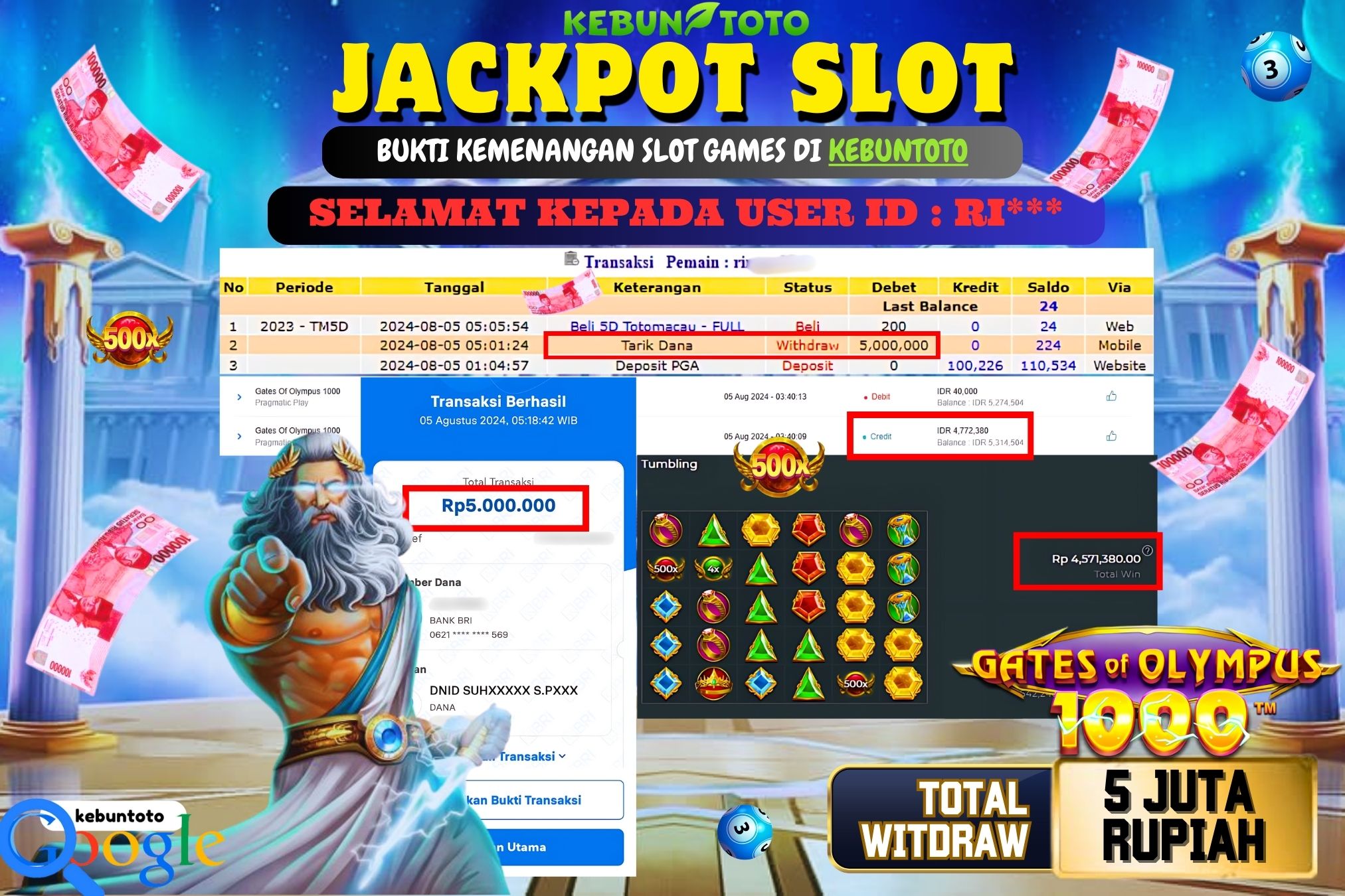 KEBUNTOTO JACKPOT SLOT GATES OF OLYMPUS 1000 Rp.5.000.000,- LUNAS