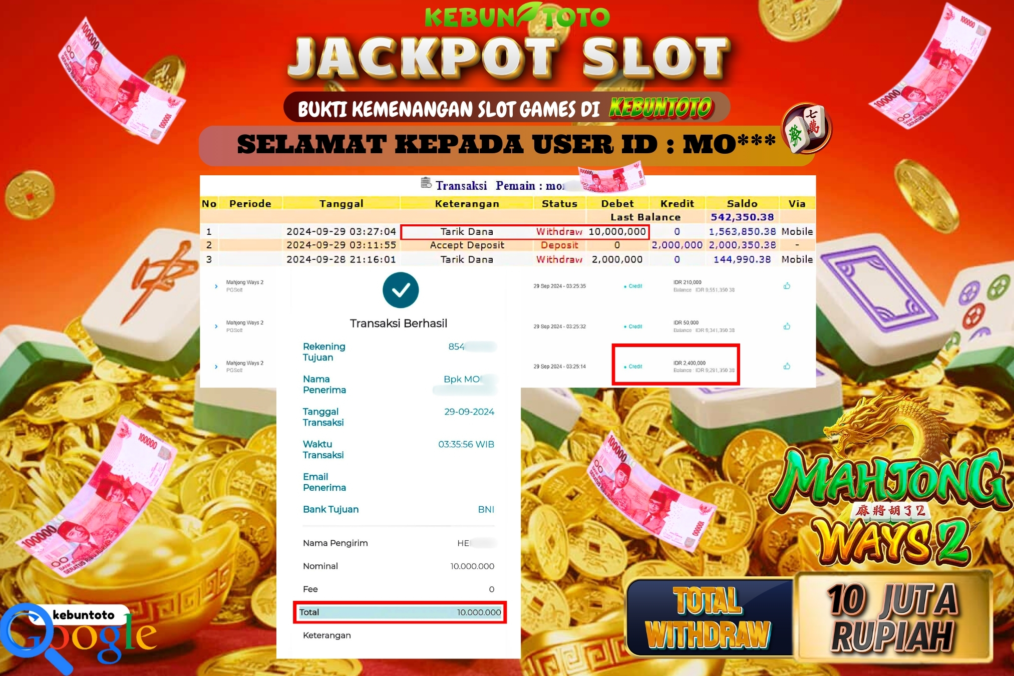 KEBUNTOTO JACKPOT SLOT MAHJONG WAYS 2 Rp.10.000.000,- LUNAS