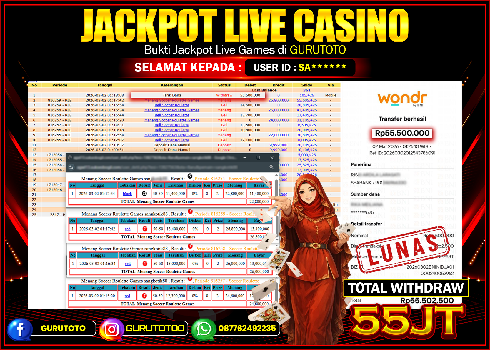 Bukti Kemenangan Rp 55.500.000 SOCCER ROULETTE GAMES di GURUTOTO !