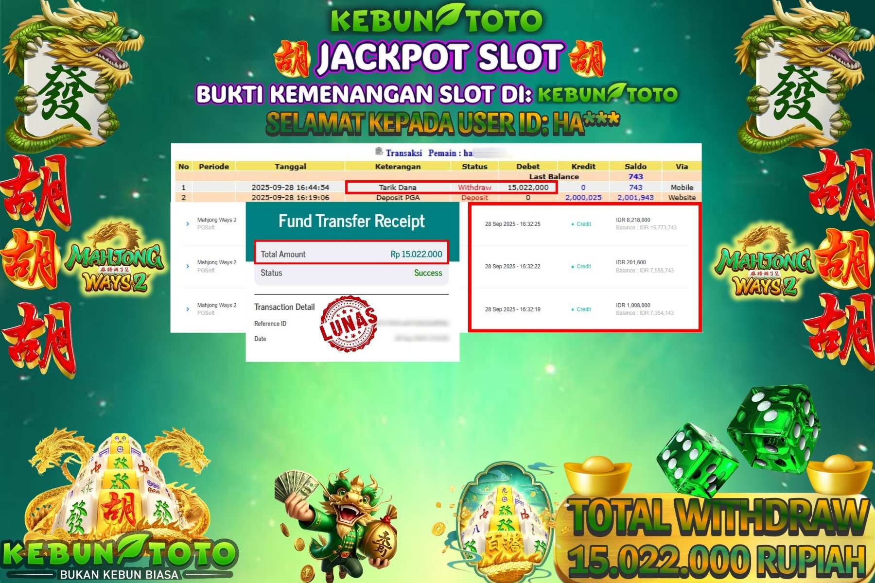 Bukti Kemenangan Rp 15.022.000 SLOT MAHJONG WAYS 2 di KEBUNTOTO!