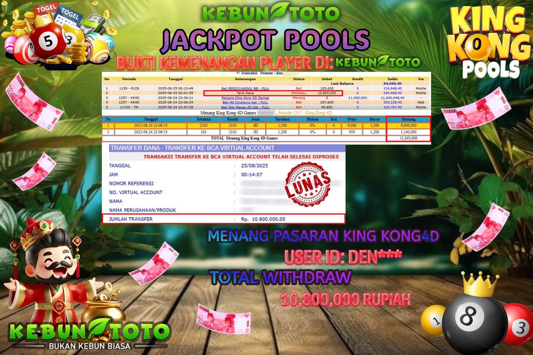 Bukti Kemenangan Rp 10.800.000 TOGEL KING KONG 4D di KEBUNTOTO!