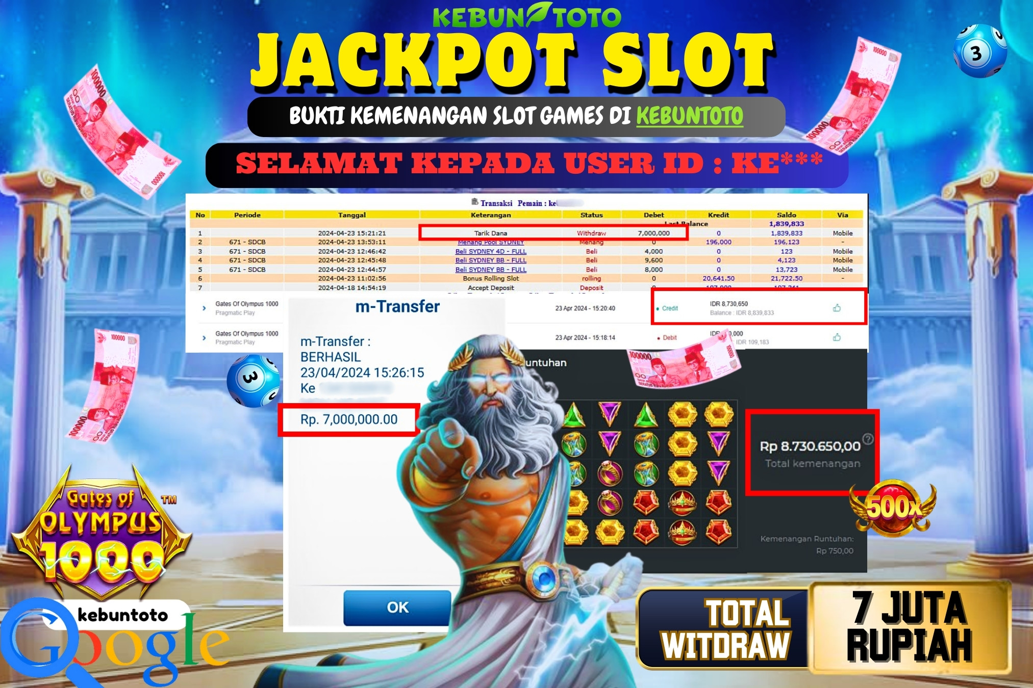 KEBUNTOTO JACKPOT SLOT GATES OF OLYMPUS 1000 Rp.7.000.000,- LUNAS