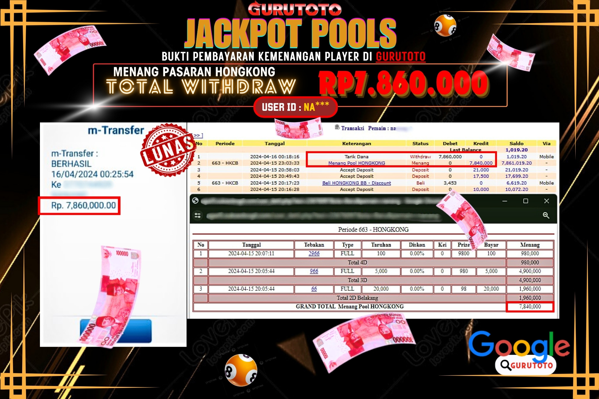 Jackpot Togel HONGKONG di Gurutoto sebesar Rp.7.860.000 dibayar lunas.