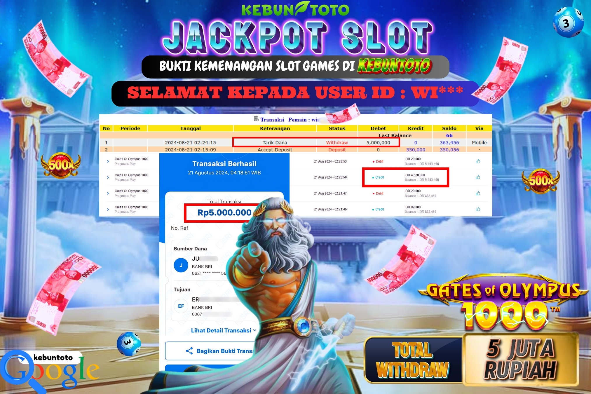 KEBUNTOTO JACKPOT SLOT GATES OF OLYMPUS 1000 Rp.5.000.000,- LUNAS