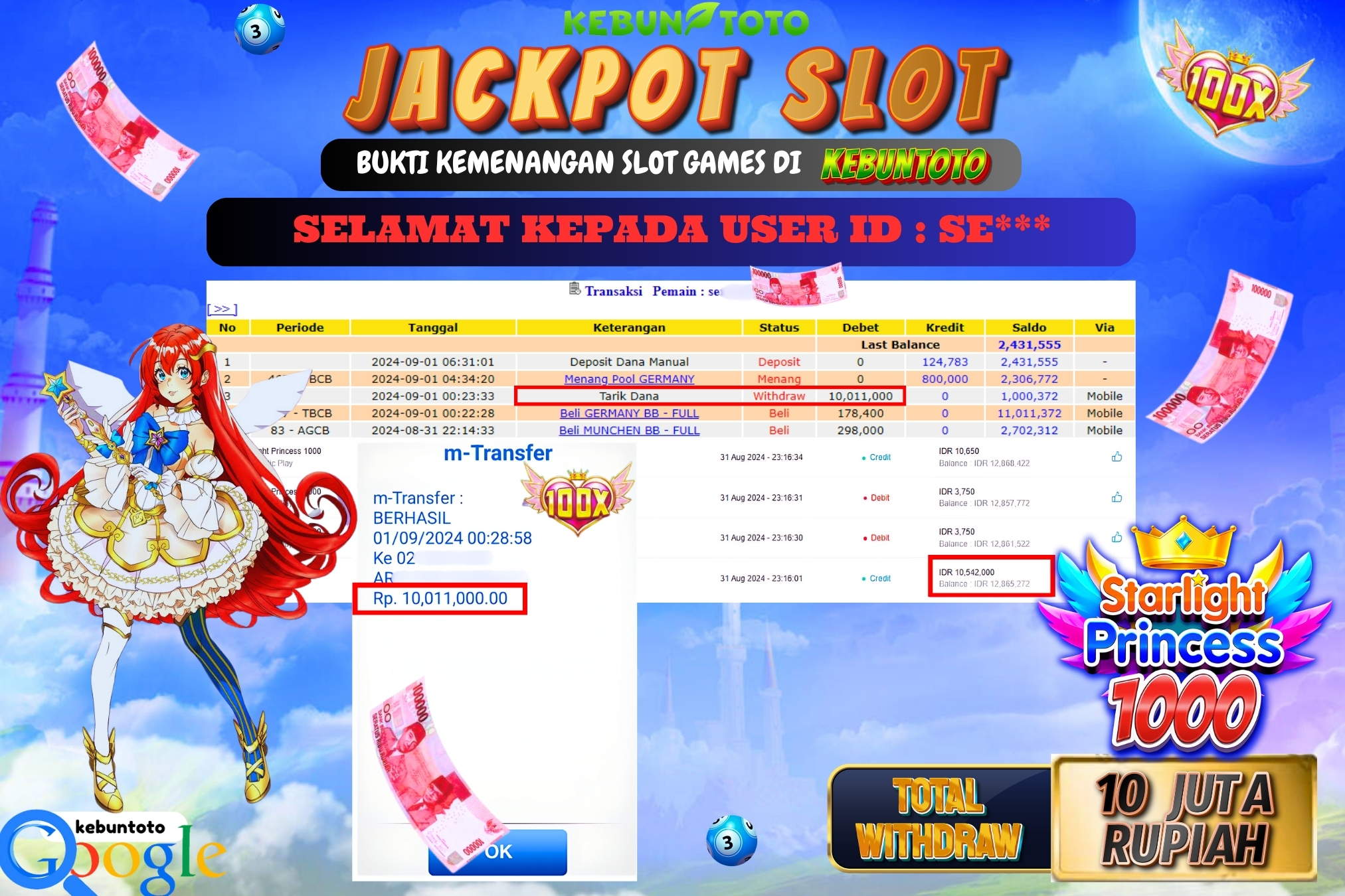 KEBUNTOTO JACKPOT SLOT STARLIGHT PRINCESS 1000 Rp.10.011.000,- LUNAS