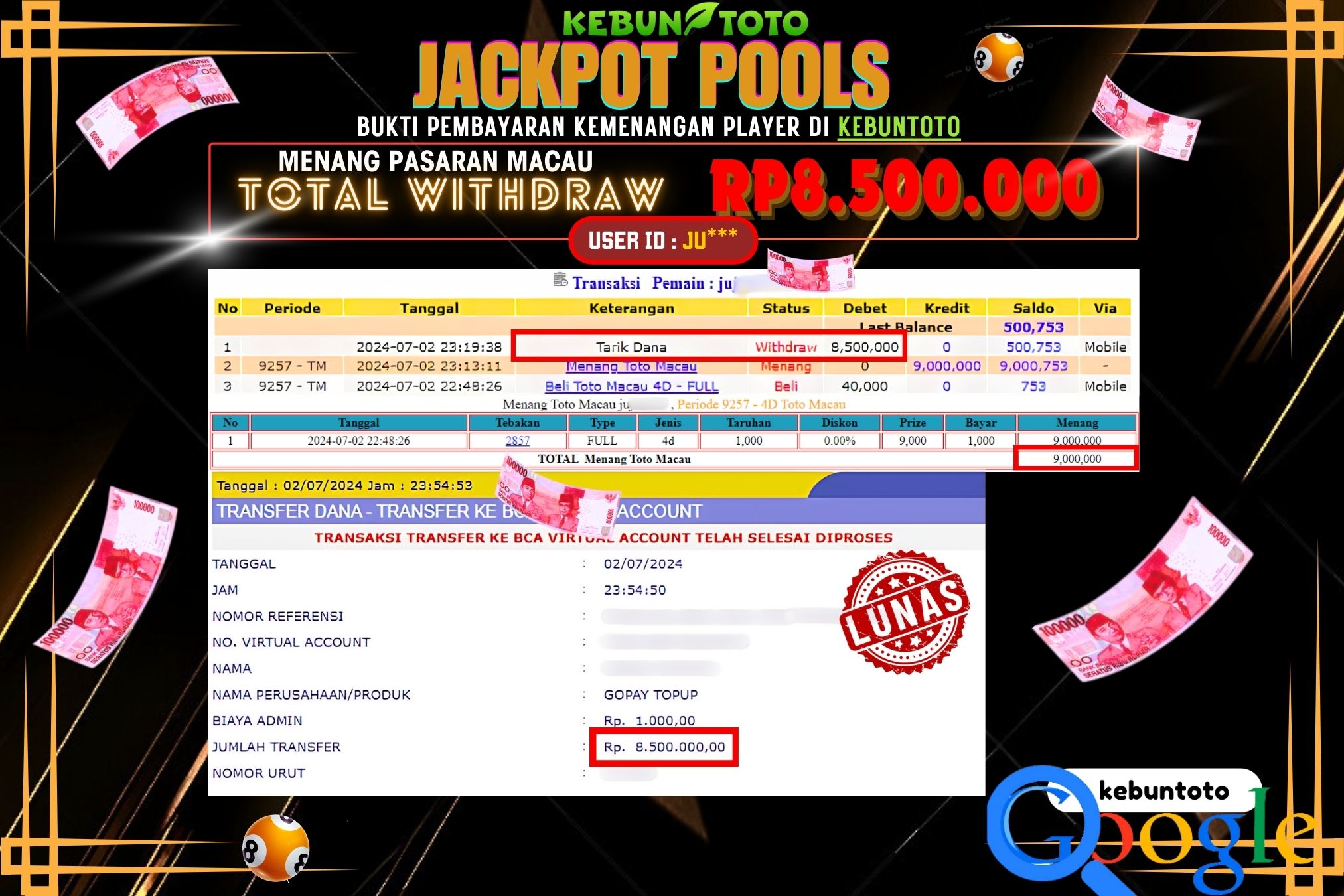 KEBUNTOTO JACKPOT TOGEL PASARAN MACAU Rp.8.500.000,- LUNAS