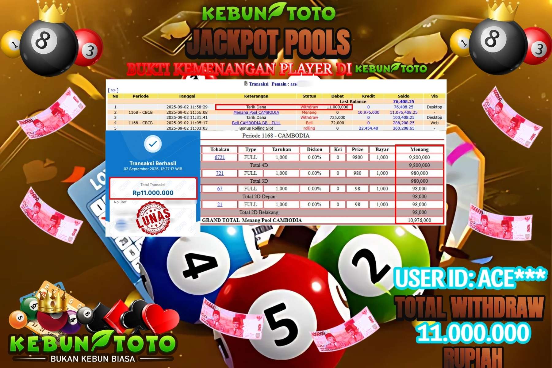 Bukti Kemenangan Rp 11.000.000 TOGEL CAMBODIA di KEBUNTOTO!