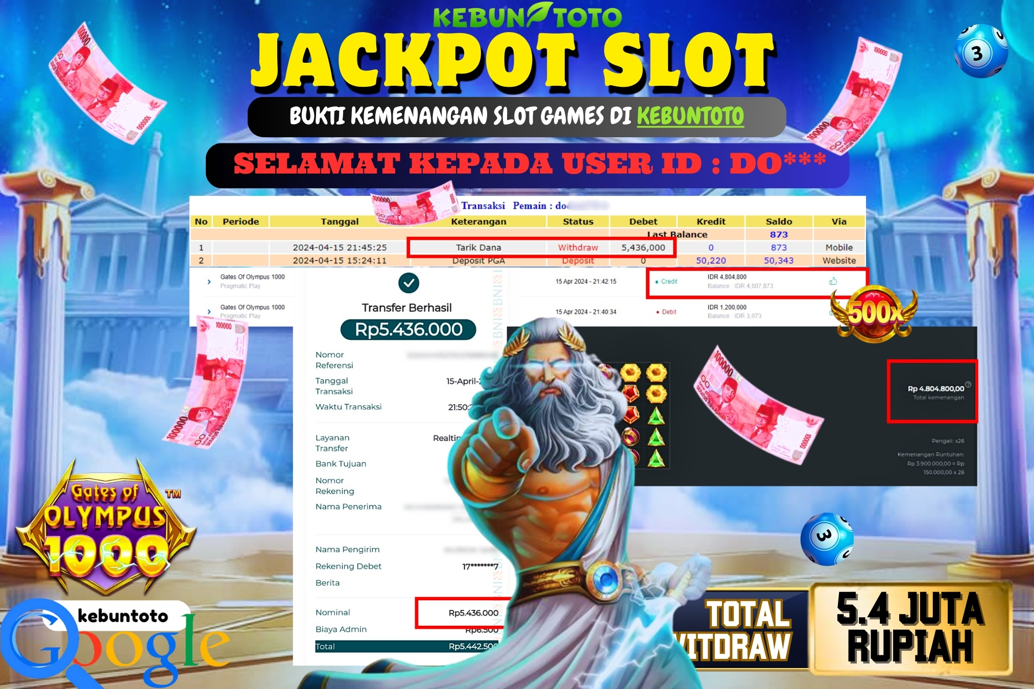 KEBUNTOTO JACKPOT SLOT GATES OF OLYMPUS 1000 Rp.5.436.000,- LUNAS