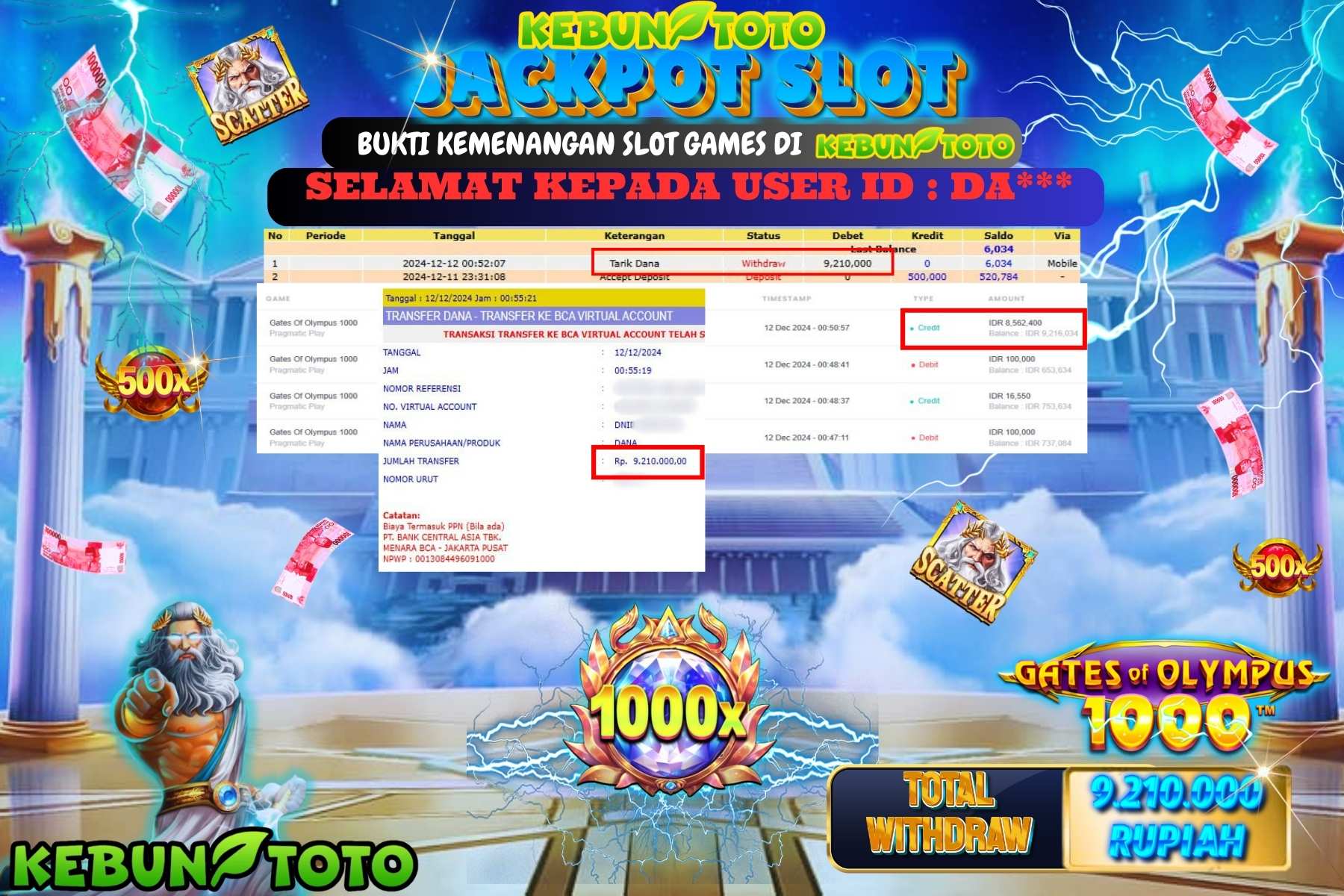 KEBUNTOTO JACKPOT SLOT GATES OF OLYMPUS 1000 , Sebesar Rp.9.210.000,- LUNAS