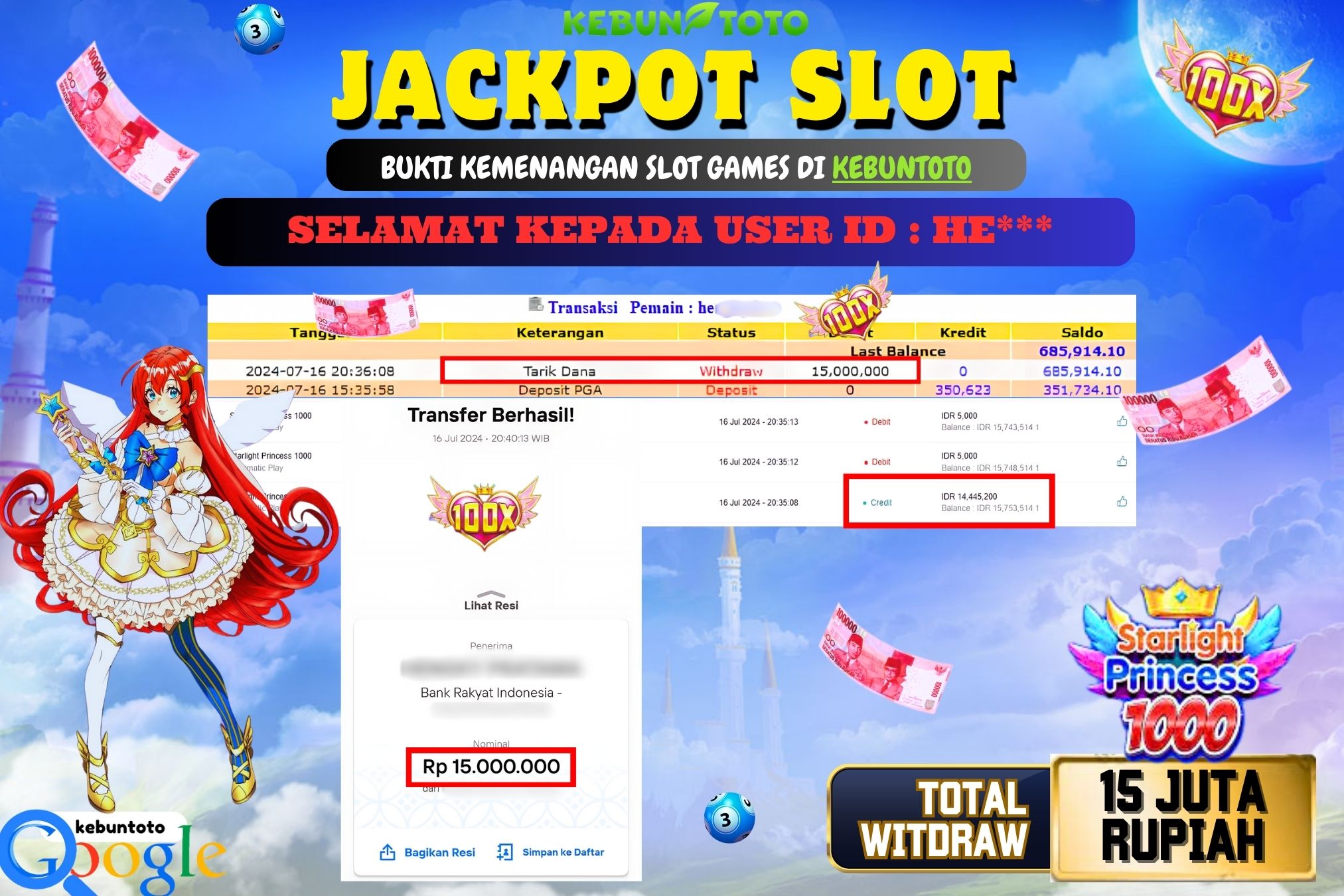 KEBUNTOTO JACKPOT SLOT STARLIGHT PRINCESS 1000 Rp.15.000.000,- LUNAS