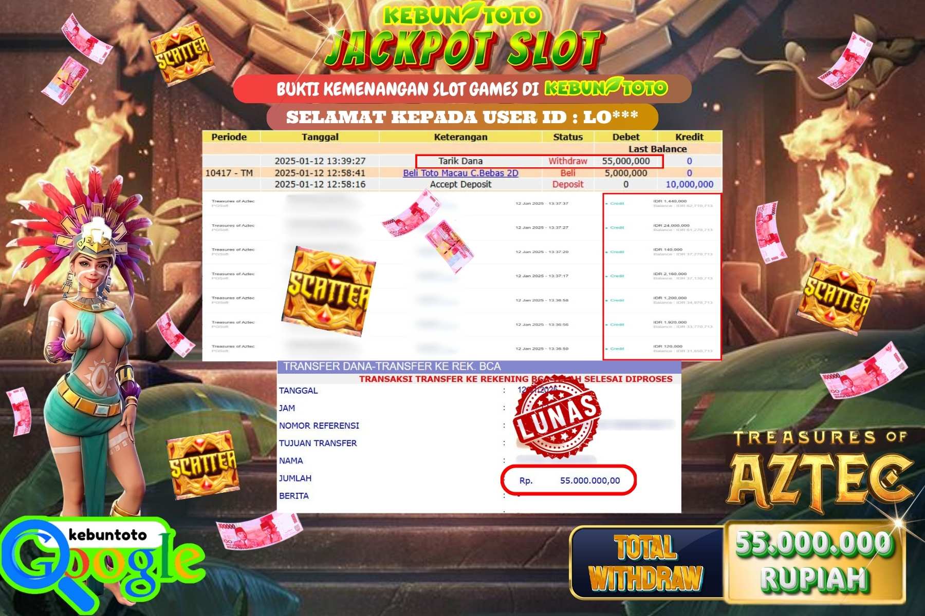 KEBUNTOTO JACKPOT SLOT TREASURES OF AZTEC , Sebesar Rp.55.000.000,- LUNAS