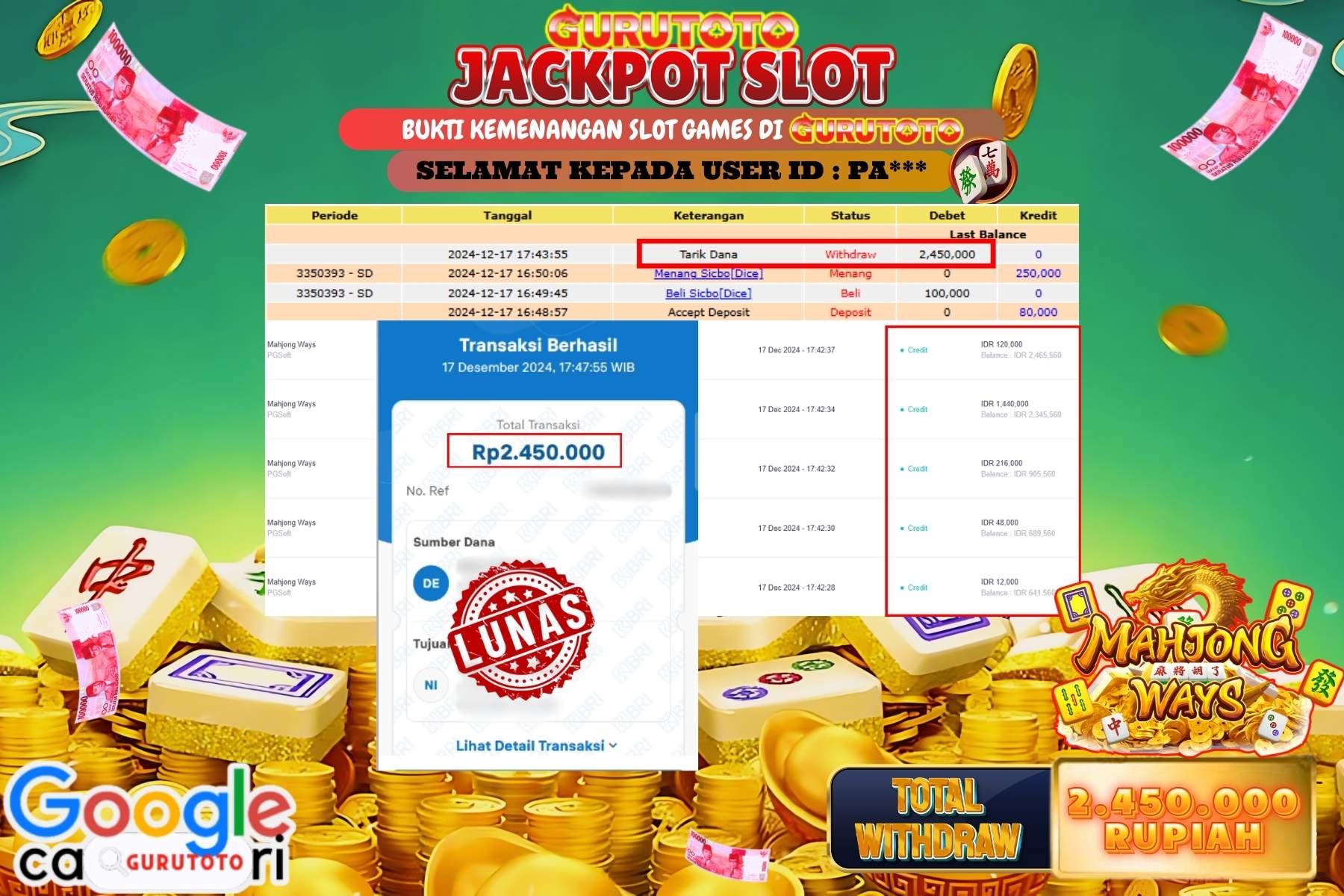 Jackpot SLOT MAHJONG WAYS sebesar Rp.2.450.000,- dibayar lunas.
