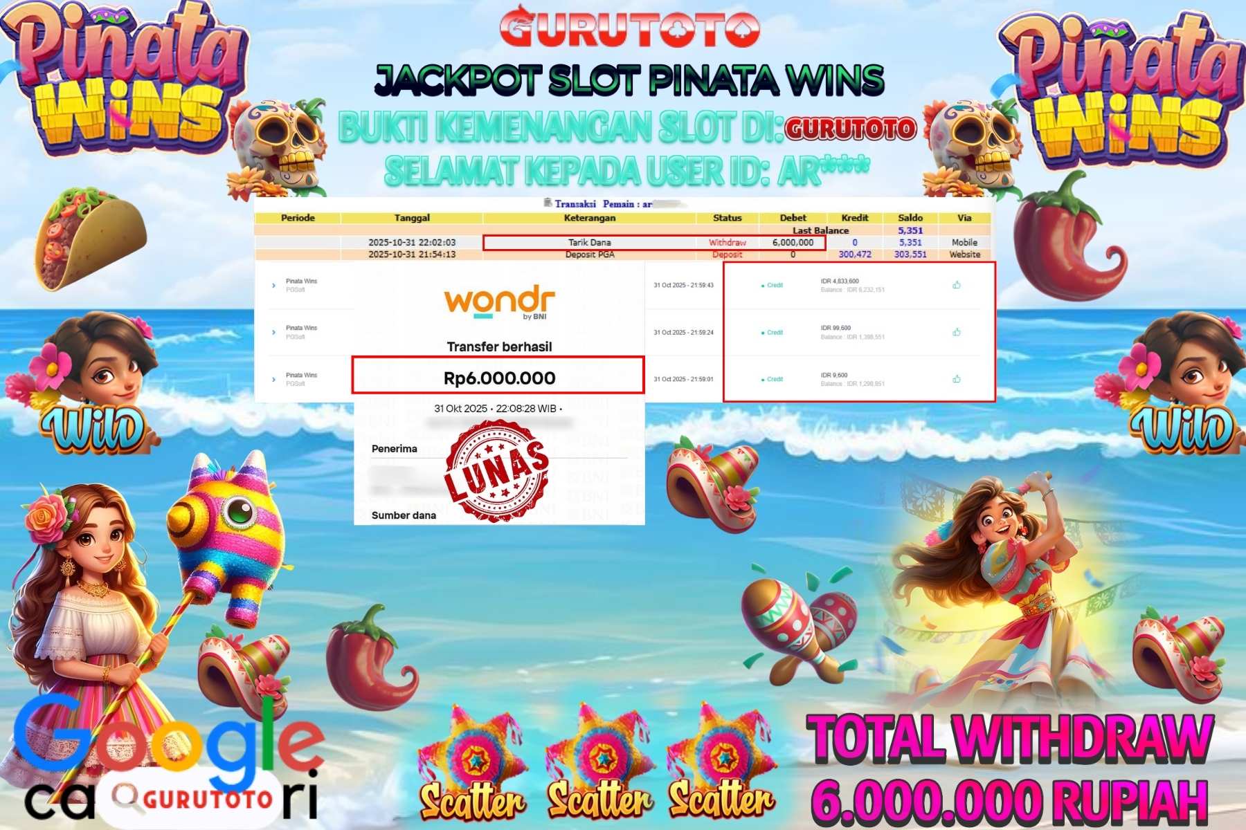 Bukti Kemenangan Rp 6.000.000 SLOT PINATA WINS di GURUTOTO!